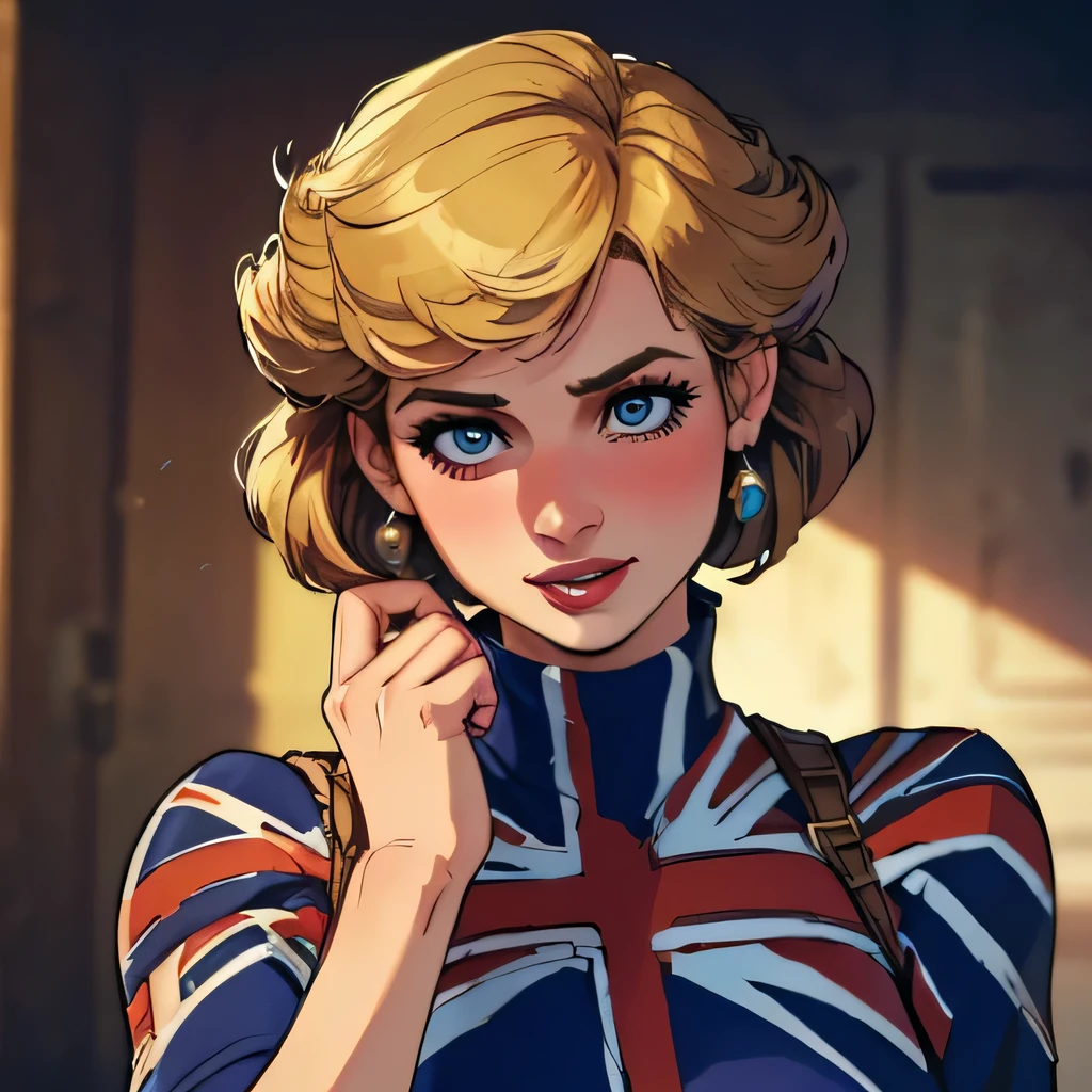 (masterpiece:1.3), (8K, Realistic, RAW Photos, Highest quality: 1.4), (One Girl), Beautiful Face, (Realistic Face), Beautiful Hairstyles, Realistic eyes, Beautiful details, (Realistic Skin), Beautiful Skin, Absurd, charm, Ultra-high resolution, Ultra-realistic, Very detailed, Golden Ratio, (Best Shadow), Cinematic, (Complex:1.4), High Contrast, Side lighting, ((Princess Diana)), (laughing), ((Accurate hands and fingers)), ((captain Britain)), Caucasian female, (Blonde Hair, short hair:1.3), (she have UnionJack costume), (UnionJack round shieldを構える), BREAK ((全身を写す))