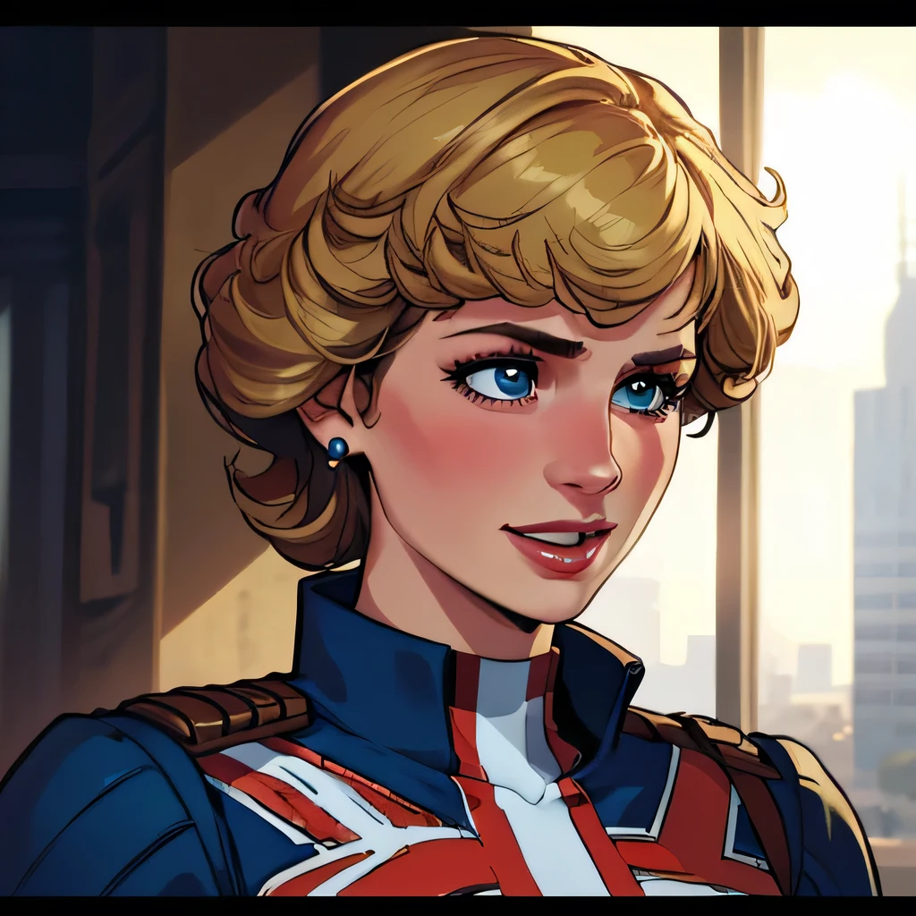 (masterpiece:1.3), (8K, Realistic, RAW Photos, Highest quality: 1.4), (One Girl), Beautiful Face, (Realistic Face), Beautiful Hairstyles, Realistic eyes, Beautiful details, (Realistic Skin), Beautiful Skin, Absurd, charm, Ultra-high resolution, Ultra-realistic, Very detailed, Golden Ratio, (Best Shadow), Cinematic, (Complex:1.4), High Contrast, Side lighting, ((Princess Diana)), (laughing), ((Accurate hands and fingers)), ((captain Britain)), Caucasian female, (Blonde Hair, short hair:1.3), (she have UnionJack costume), (UnionJack round shieldを構える), BREAK ((全身を写す))