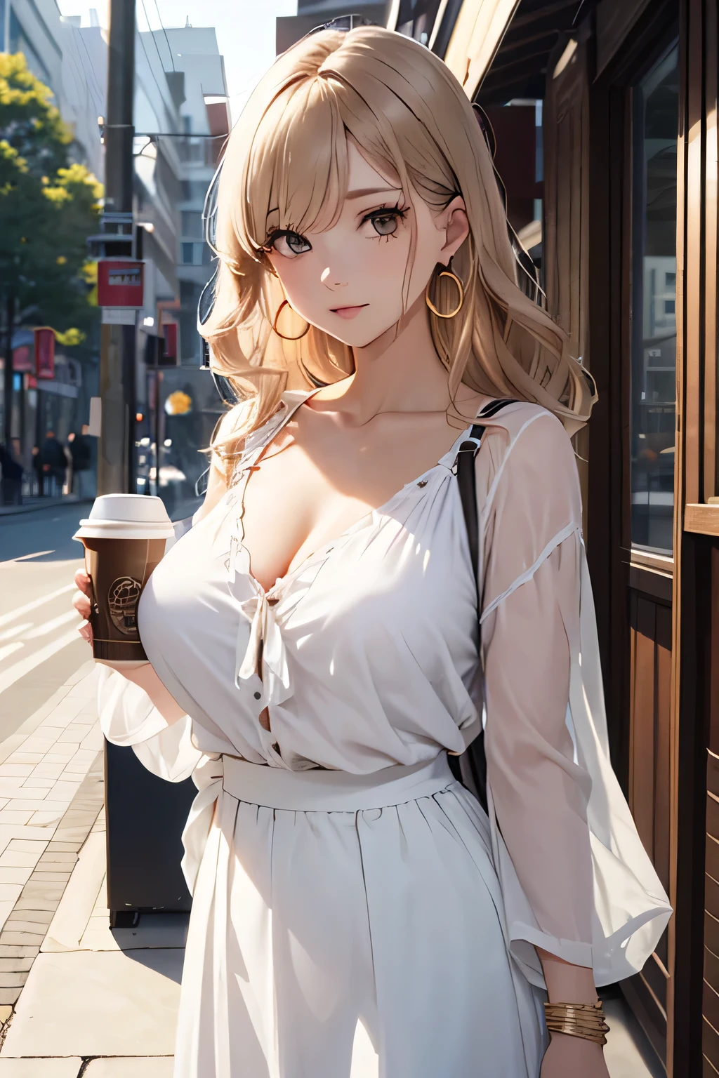 Without clothes, naked，, Long blonde hair, bangs, heart-shaped face, elegant face, beautiful face, High detail face, Highly detailed skin, skin pores, Subsurface scattering, (Blue eye detail), realistic pupils, with full breasts, A loving smile, looks at the viewer, full blush, plump lips, Holding a coffee cup, in the center, coffee shop in background, City street, sunny day, the wind, Detailed background, Depth-Of-Field, atmospheric perspectiv, Volumetric Lighting, Clear Focus, Ridiculous, realistic proportions, good anatomy, (Realistic.), Hyperrealism: 1.4), 16k hdr, best quality --auto --s2