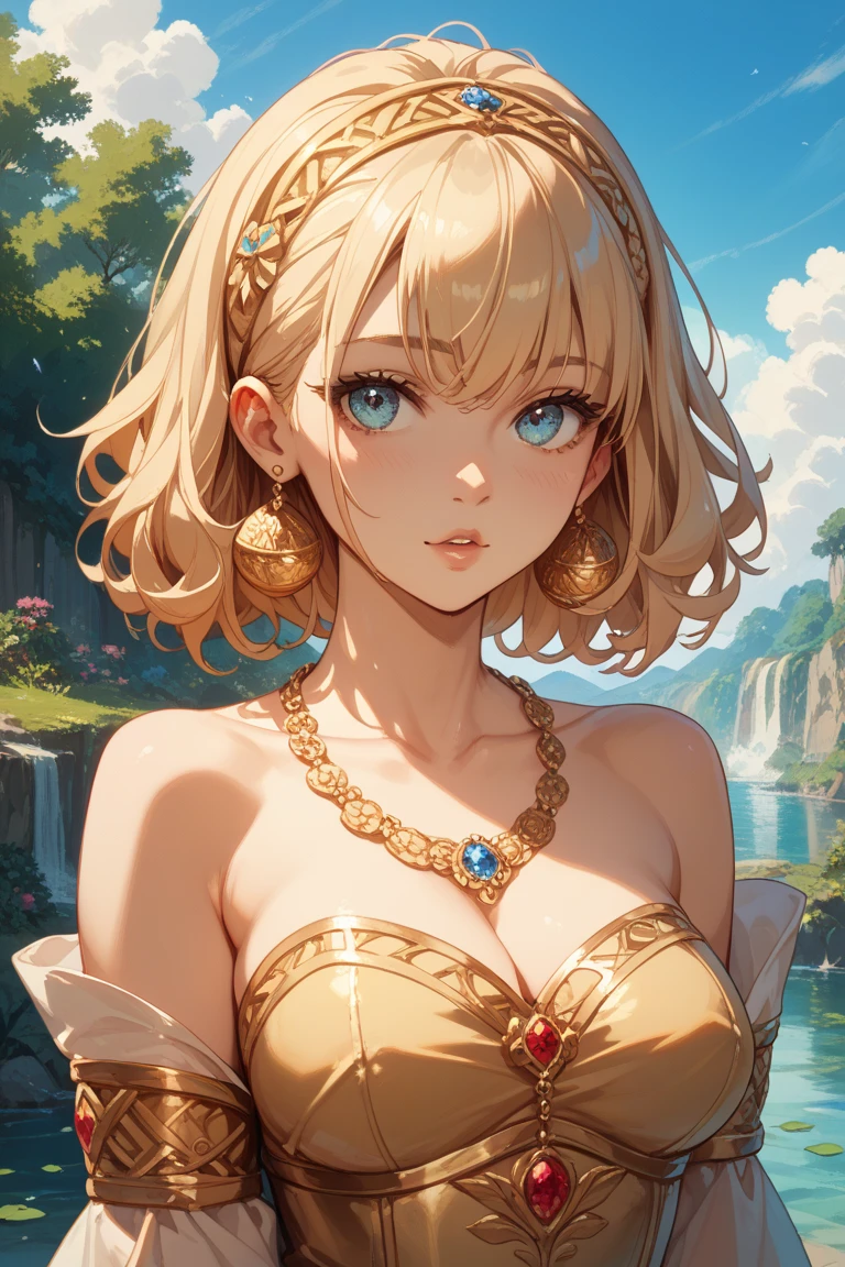  Gold　female　スペースコブラのfemaleキャラ　The hairstyle is straight to the shoulders　The eyes are slightly narrow　Long face　Hide only the top of the bust and increase exposure　Full body painting　In full nudity