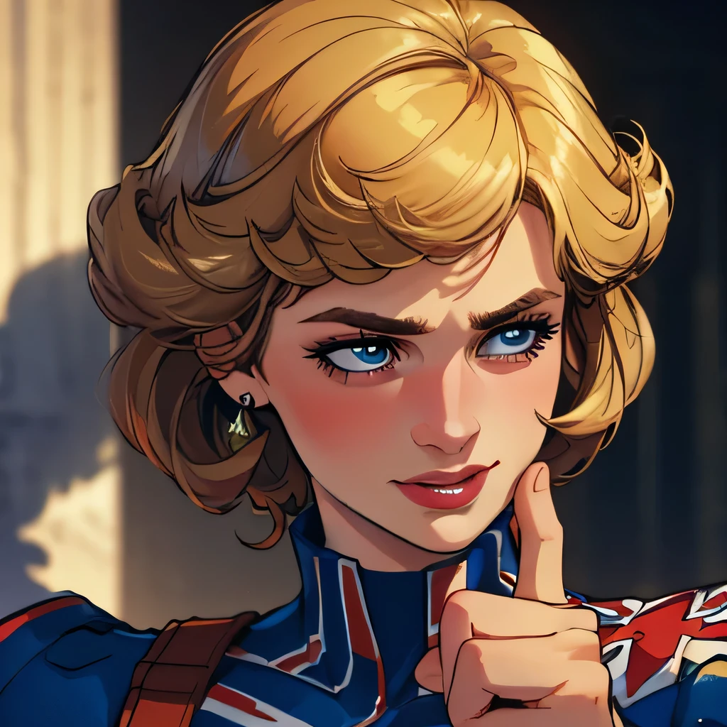 (masterpiece:1.3), (8K, Realistic, RAW Photos, Highest quality: 1.4), (One Girl), Beautiful Face, (Realistic Face), Beautiful Hairstyles, Realistic eyes, Beautiful details, (Realistic Skin), Beautiful Skin, Absurd, charm, Ultra-high resolution, Ultra-realistic, Very detailed, Golden Ratio, (Best Shadow), Cinematic, (Complex:1.4), High Contrast, Side lighting, ((Princess Diana)), (laughing), ((Accurate hands and fingers)), ((captain Britain)), Caucasian female, (Blonde Hair, short hair:1.3), (she have UnionJack costume), (UnionJack round shieldを構える), BREAK ((全身を写す))