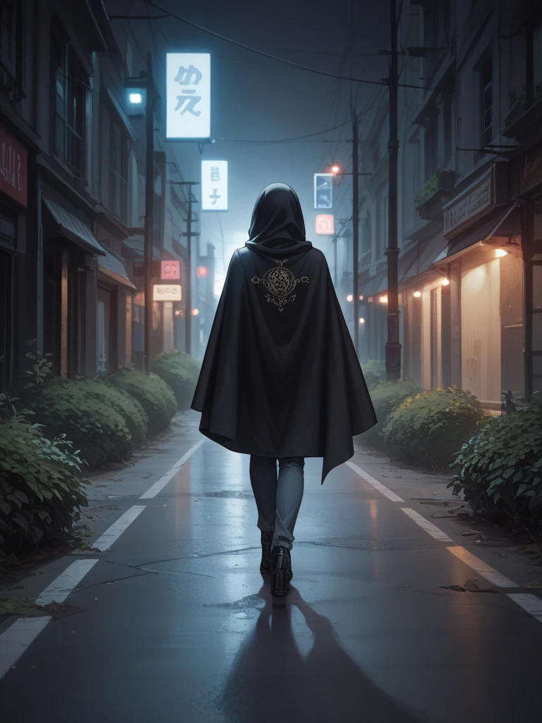 A woman from her back in black cloak and flowy hijab walking alone on a lonely road path in a middle of nowhere without anyone and without any object, its looks like an abandoned street with bad condition road, the road looks so bad with yellow and grey smokes surrounding her, dark black background, no lights, the road looks like no end and looks so messy with thick bushes, High Resolution, Best Quality, High Details, Award Winning, Blurry, Drop Shadow, Optical Illusion, Abstract Expressionism, Hyperdetailed, , 