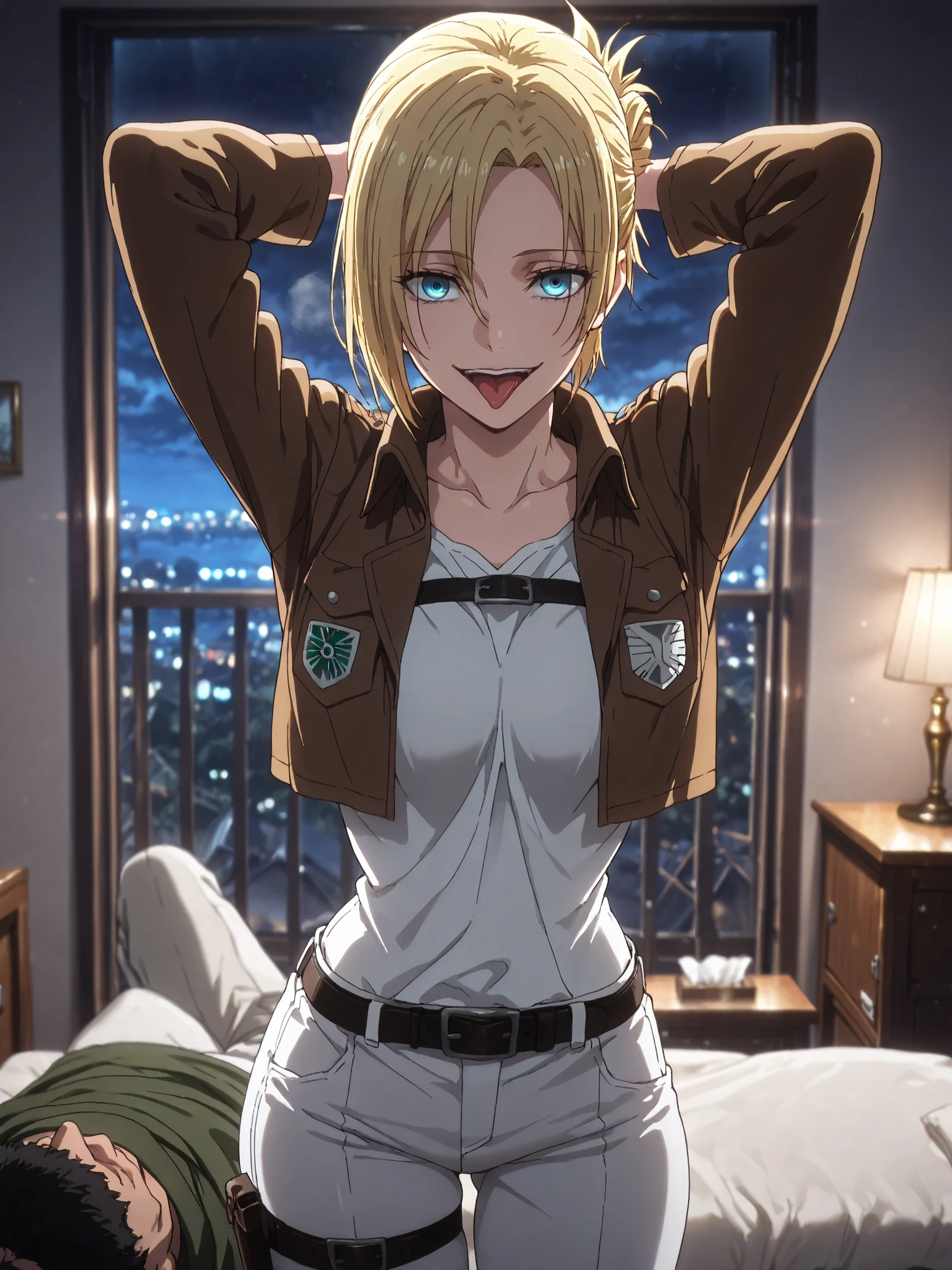 masterpiece, Highest quality, High resolution, mansion bedroom, In the middle of the night, Moonlight, Sitting on the bed, One girl, alone, View your viewers, smile, history, Krista Lentz, Blonde, blue eyes, Hair between the eyes, short hair, ponytail, Official Art, Jacket, brown Jacket, Symbolism, belt, Thigh straps, pants, white pants, boots, shirt, white shirt, collared shirt, (Tight clothing), unity 8k wallpaper, (figure:0.8), (Beautiful attention to detail:1.6), Highly detailed face, Highly detailed CG, (3D Face:1.1), (Shiny skin:1.5), (超High resolution intricate face details), (Facial skin pores:1.3), 超High resolution cloth texture, Shining Eyes, Perfect Eyes, Glowing Eyes, shy smile, Blushing, Open your mouth, Showing off her perfect legs, Swayback stance:1.5, armpit:1.6, arms behind back
