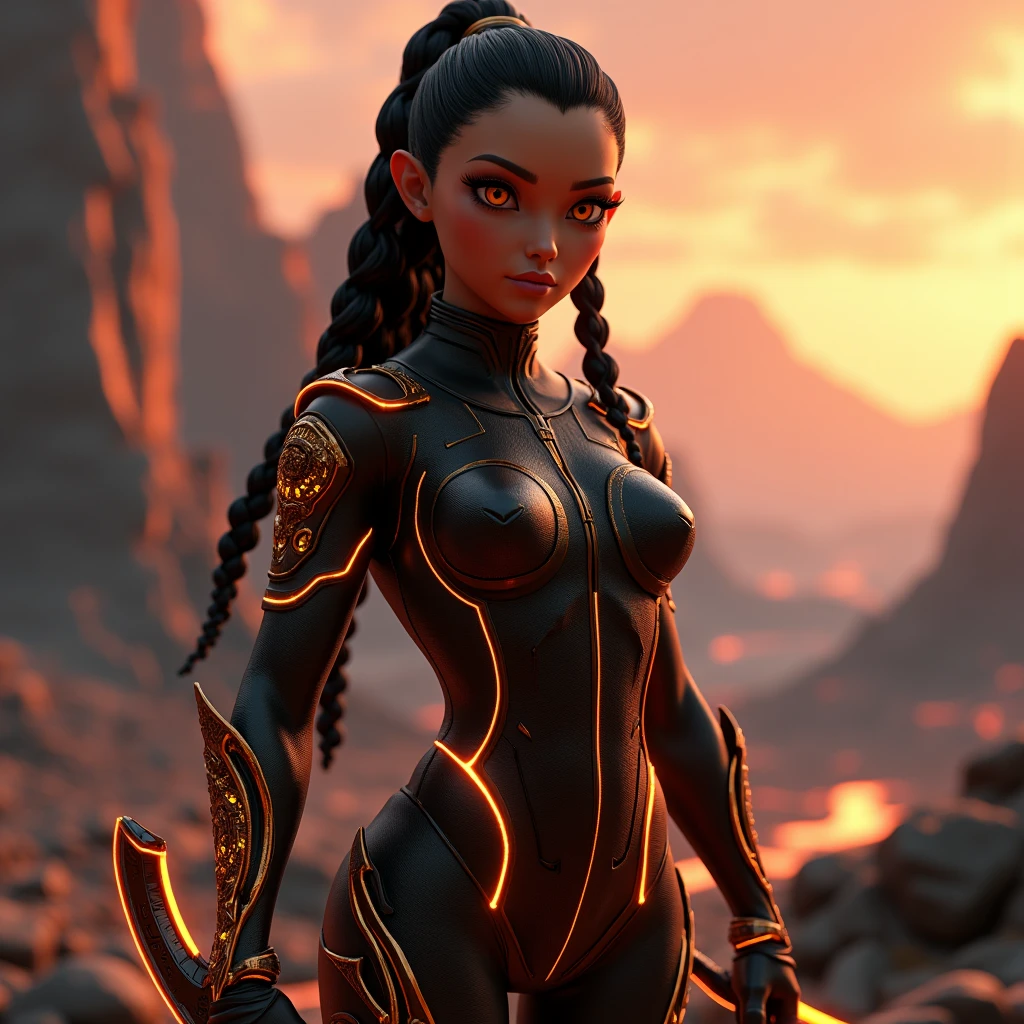 A stunning 3D render of a one-of-a-kind female game character, created in Blender style, ultra-detailed, cinematic quality, 4K resolution. The character has deep bronze skin with a radiant, smooth texture. Her facial features are strong and striking: full, expressive lips and intense, piercing amber eyes that captivate the viewer. Her hair is long, jet-black, braided with golden threads and small glowing stones from her homeworld Velthora, a lush volcanic planet with floating obsidian cliffs and burning sky rivers.

She wears a sleek, form-fitting battle suit made of interwoven organic and tech-fabric, dark with glowing orange-red lines that pulse softly like lava veins. Her armor pieces are asymmetrical and elegant, made from polished volcanic glass and alien alloys.

The background features a dramatic alien landscape: towering obsidian monoliths, a crimson sky with fire-like clouds, and distant floating islands glowing faintly. Ancient rune-covered ruins are scattered around, half-buried in glowing lava streams. Subtle atmospheric fog and cinematic depth of field add realism. Use dramatic rim lighting and soft key lighting to highlight her silhouette and facial features. Her pose is confident and commanding, with one hand resting on a curved plasma blade and the other casting a holographic map into the air.