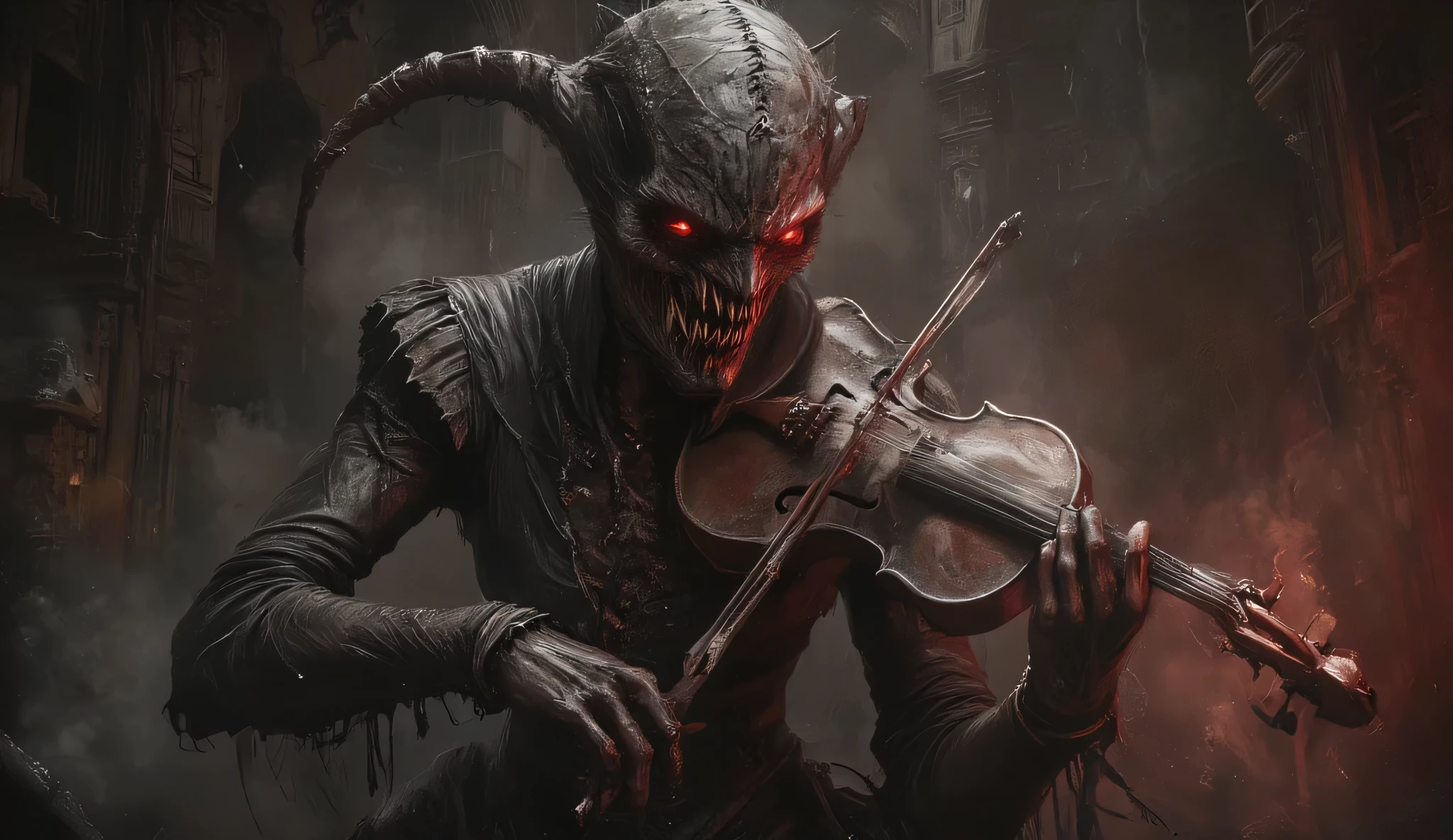 A detailed and surreal depiction of a dark beast goddess with an intricately scarred face, playing a violin, her instrument ablaze. The figure is surrounded by mist, evoking a mysterious and eerie atmosphere. The lighting is dark and atmospheric, with red smoke adding a touch of gloom. The image is of the best quality, with 4k resolution and HDR enhancement, showing the highest level of detail and realism