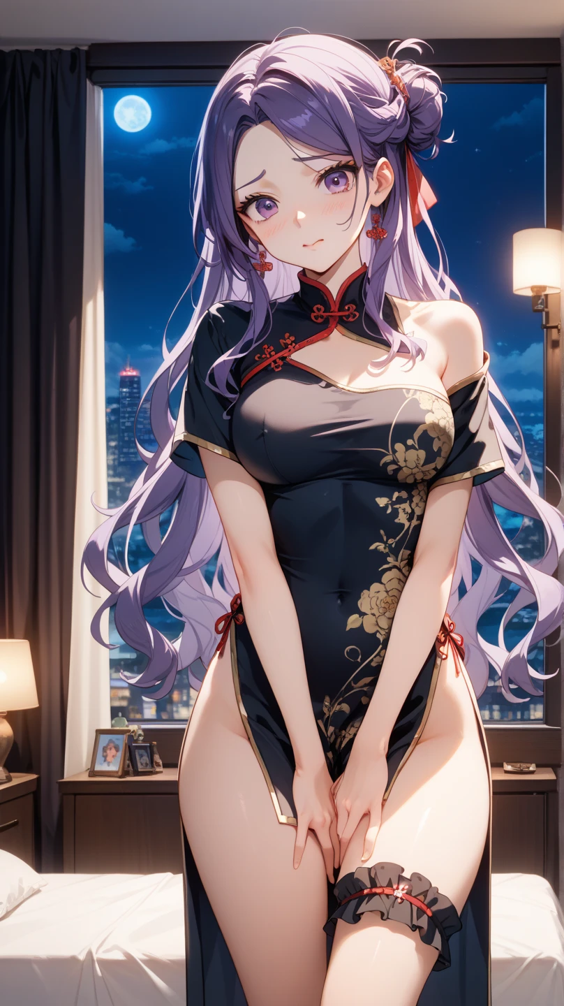1 girl, alone, Ahoge, purple hair, hair ornaments, summer, micro kimono, star pattern kimono, huge breasts, two side up, blush, big city, building rooftop, night, night view, whole body, crop top, bare shoulders ,