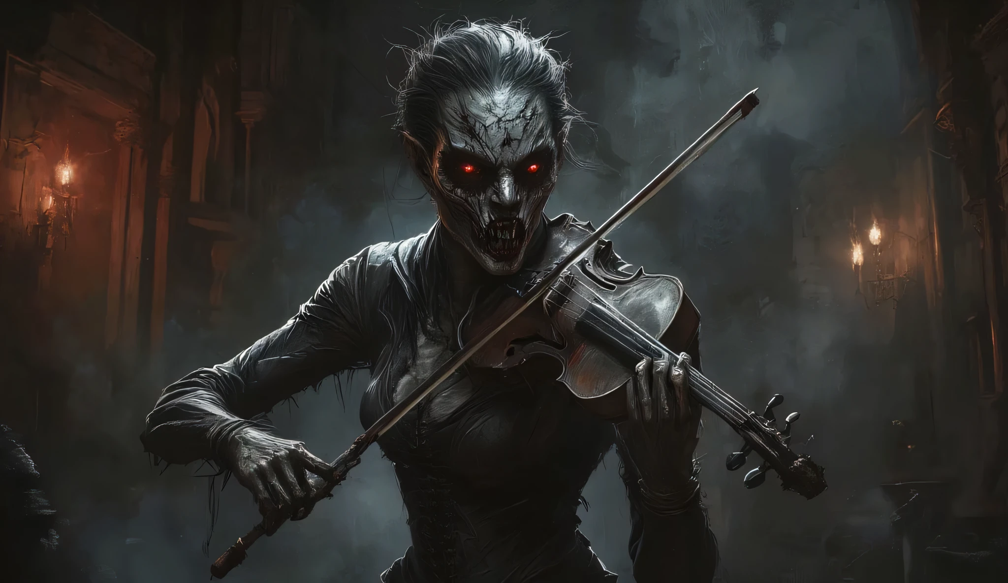 A detailed and surreal depiction of a dark beast goddess with an intricately scarred face, playing a violin, her instrument ablaze. The figure is surrounded by mist, evoking a mysterious and eerie atmosphere. The lighting is dark and atmospheric, with red smoke adding a touch of gloom. The image is of the best quality, with 4k resolution and HDR enhancement, showing the highest level of detail and realism
