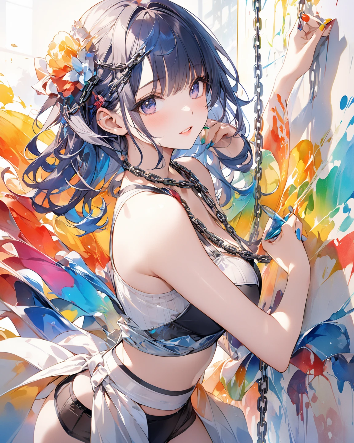 hiten kei style, claude monet, oil painting, cowboy shot, a beautiful woman, messy hair, girly, symmetrical bun, hair accessories, jewelry, delicate face, eye shadow, small breasts, topless, erect nipples, Dunhuang style, a lot of streamers, cyan streamers, orange streamers, red streamers, delicate skin, soft light effects, delicate and smooth hair, delicate details, eye highlights, fair skin, fine portrayal, extreme details, cinematic quality, thin, slender, broken, hair details, thin bangs, shawl hair, correct body, shadows, air bangs, 8K, Super fine, fine fabric texture, soft, supple, smooth texture, Dunhuang style, delicate pattern, correct hand painting, smile, tsurime, surrealism, ray tracing, UHD, high details, super detail, highres, 8k, high quality, high details, textured skin, accurate, nsfw, large nipples, navel, sweaty skin, thighs, dancing,1 arms up, puffy nipples dunhuang dance