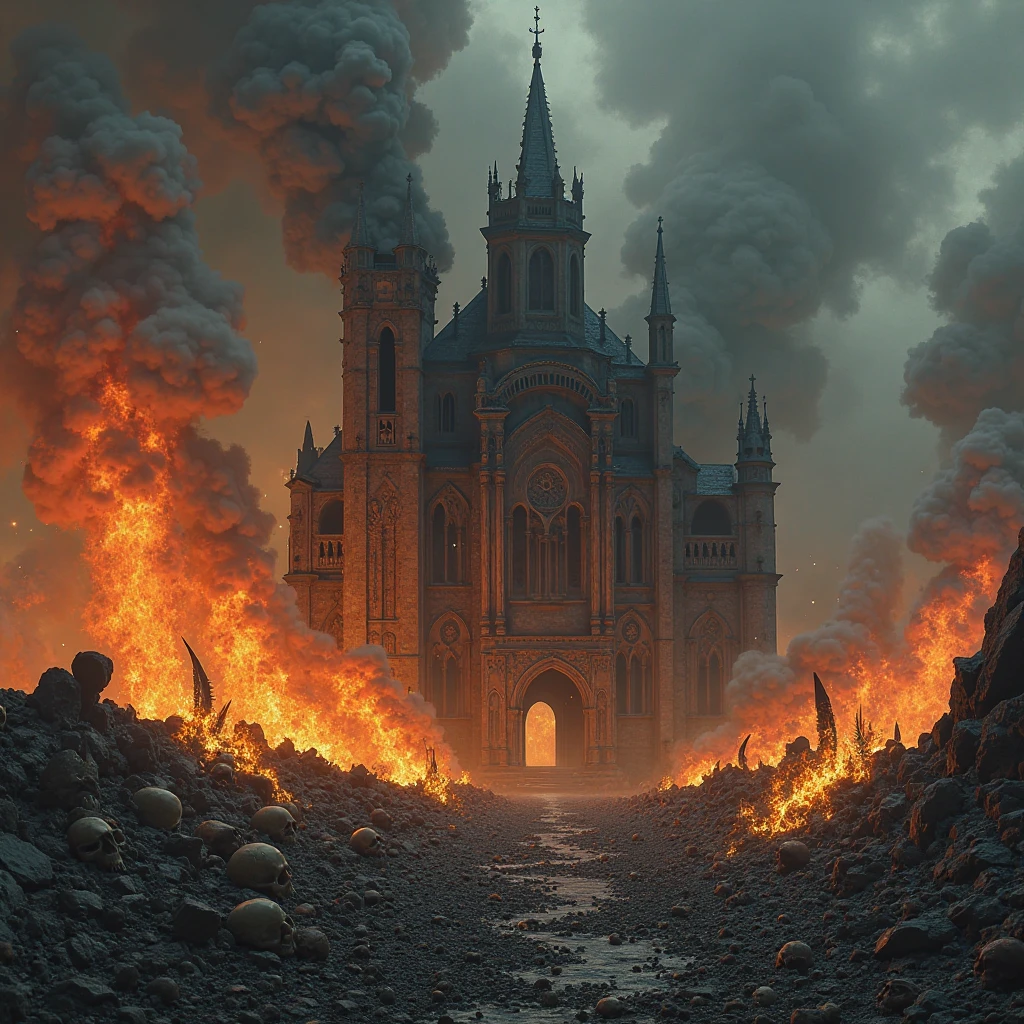 dark background of a church that is on fire and in ruins, dark lighting, lots of skulls around, gravel, ash, smoke, fires, lots of random fires, dead skeletons