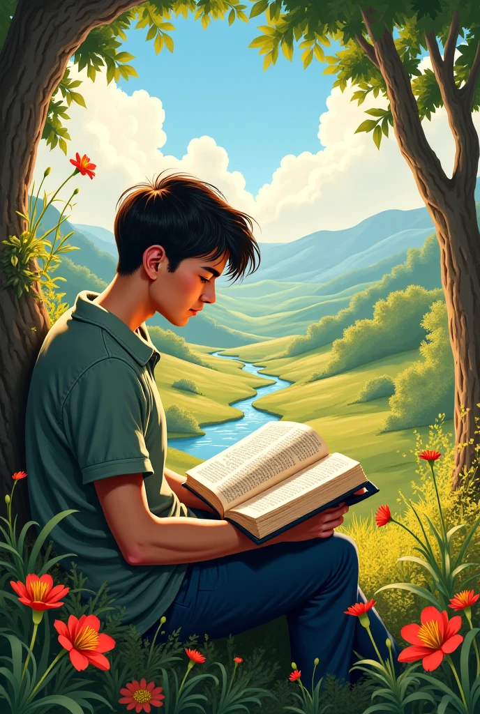A young man focused on reading a book and surrounding it a beautiful view of nature 