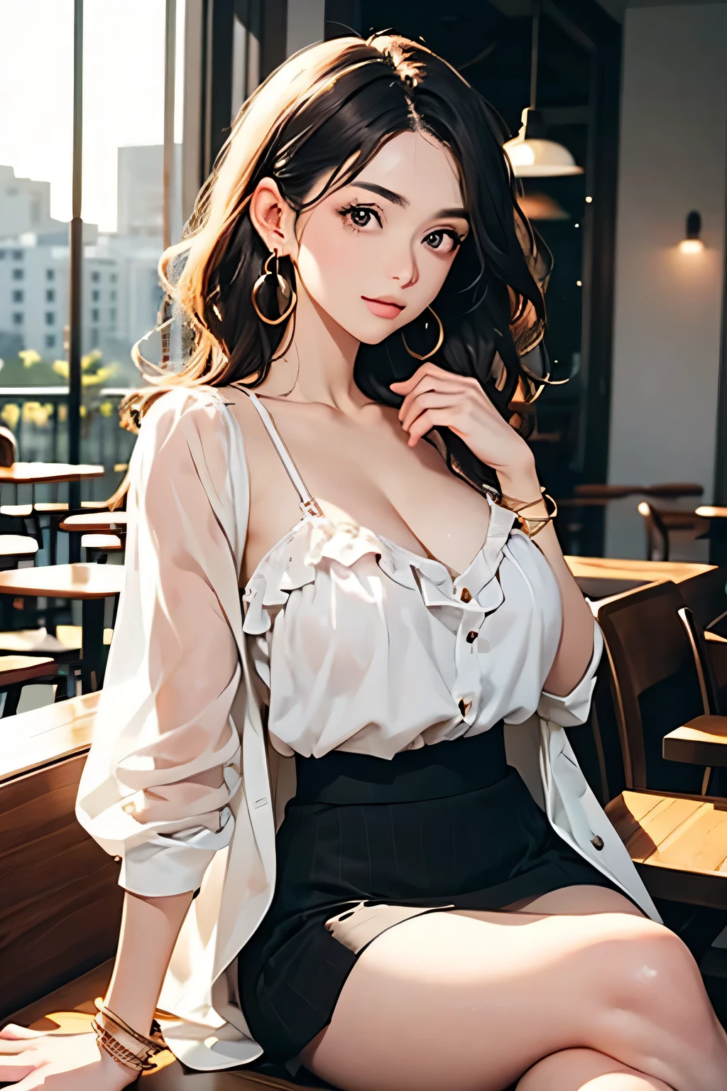 20 year old woman,soft lighting,sitting down in a chair outside,perfect face,smiling,perfect figure, random hairstyle, blouse,skirt,narrow shoulders,huge breasts, wide hips