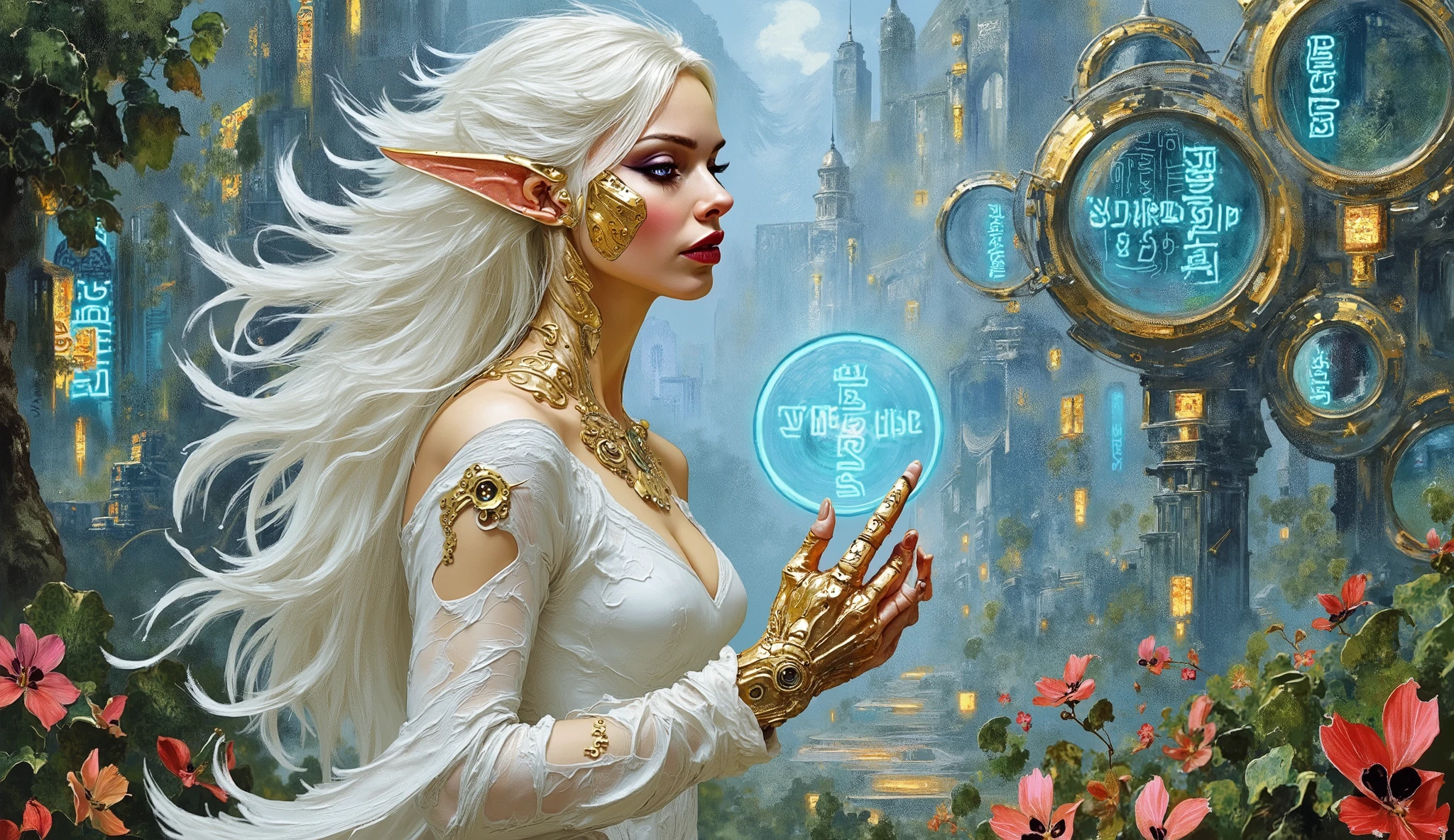 digital paint, surreal fantasy, scifi, watercolor, A view of a futuristic city inhabited by elves, some of them with cyber prostheses, in detail a futuristic elven city with magnificent glass buildings with golden details, The city is wooded and there are many flowers, at the same time transparent neon signs with inscriptions appear everywhere, In the midst of the movement of the city in detail a cyborg elf, Your face has some golden implants that shine in the sun, His eyes glow neon blue, Your clothes are white your long white hair flies in the wind, And he's casting a spell, and your hands glow blue, With the energy of magic.