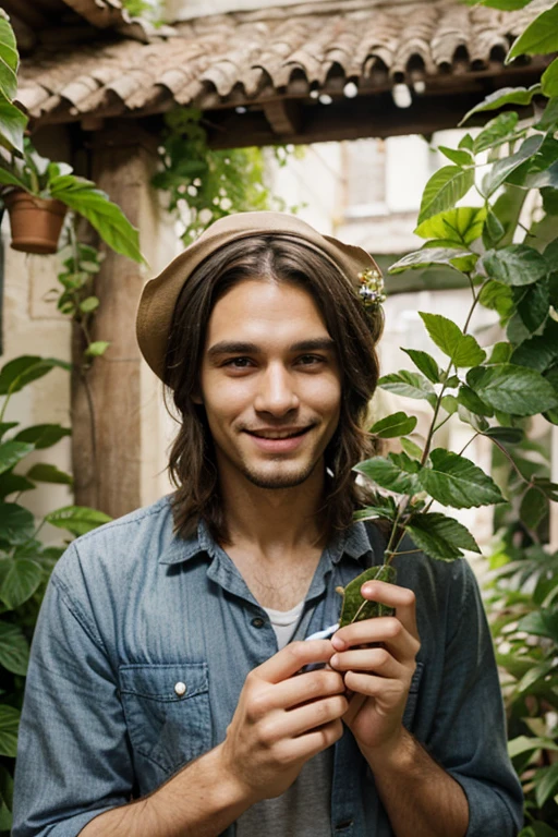 a beautiful young naked boy in a magical garden, short flowing hair, big bulge , holding a bouquet of colorful flowers, lustfull expression, sunlight filtering through the trees, lush green condom, intricate flower patterns, fantasy, detailed face and features, photorealistic, 8k, high quality, professional digital art