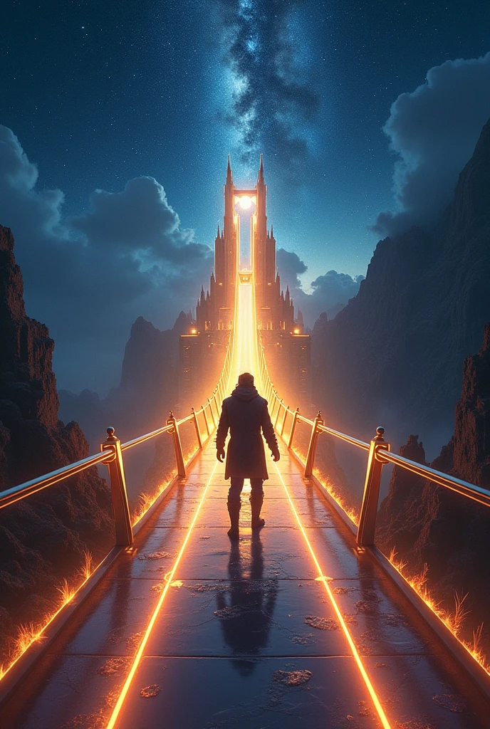 First-person perspective (POV) standing on the glowing Bifrost rainbow bridge at night. Looking forward along the bridge as it stretches into the vast, starry cosmic void. Behind the viewer, slightly visible over the shoulder or at the edge of the frame, are the majestic, softly lit golden towers of Asgard. Epic fantasy style, cinematic lighting, highly detailed digital painting
