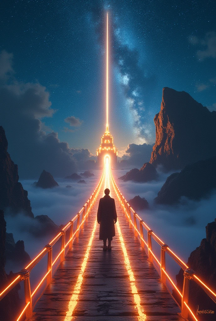 First-person perspective (POV) standing on the glowing Bifrost rainbow bridge at night. Looking forward along the bridge as it stretches into the vast, starry cosmic void. Behind the viewer, slightly visible over the shoulder or at the edge of the frame, are the majestic, softly lit golden towers of Asgard. Epic fantasy style, cinematic lighting, highly detailed digital painting