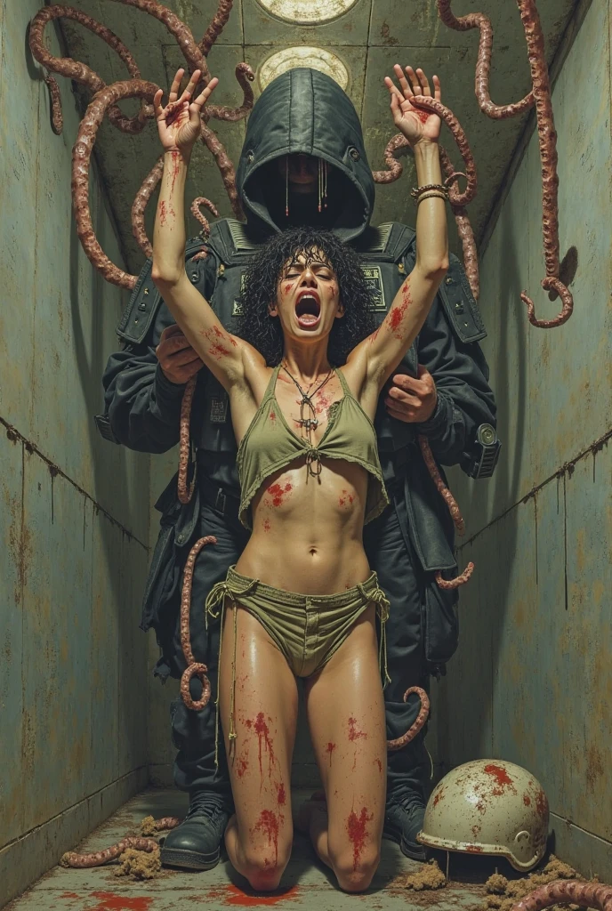 slender woman in torture chamber, style of sleazy Italian film of the 1960s. she is voluptuous, the crimson executioner watches her scream, lurid vid, Mario Bava aesthetic, dark mood, detailed, 8x, retro, vintage, by Basil Gorgos,