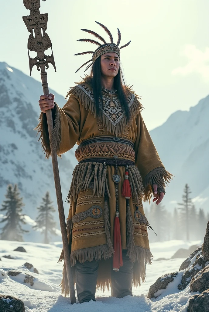 Exu Ancient shaman dressed in wolf skin in the dark forest