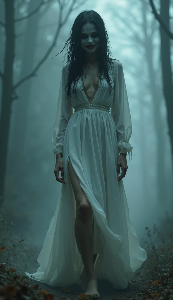 In this chilling scene, the appears ghostly and translucent, floating eerily above the muddy forest floor. The moonlight casts an unsettling, cold glow over her form, highlighting the spectral quality of her presence. The muddy ground below remains disturbingly untouched, emphasizing the unnatural way she hovers.Her face, etched with a fierce expression of rage, is both haunting and vivid. Her brows are deeply furrowed, and her mouth is twisted into a menacing snarl. The intensity of her anger is palpable, amplified by the stark contrast between her emotions and her ghostly, translucent appearance. Her eyes, completely black and hollow, are an unnerving void that seems to absorb light, adding a terrifying depth to her gaze.The translucence of her form reveals faint, unsettling details through her skin, such as the vague outlines of her clothing and the dark, tangled strands of her hair, which float around her in a way that seems almost alive. Her hair moves unnaturally, swirling as if stirred by an unseen force.The surrounding forest enhances the atmosphere of dread. The moonlight filters through the dense, gnarled trees, casting long, twisted shadows that stretch and writhe as if alive. The underbrush is a dark, tangled mess of wet leaves and creeping vines, with occasional glistening spots of moonlight that only serve to highlight the oppressive gloom. The mist swirling around the trees adds to the sense of isolation and foreboding, creating a nightmarish tableau that feels both surreal and deeply unsettling.