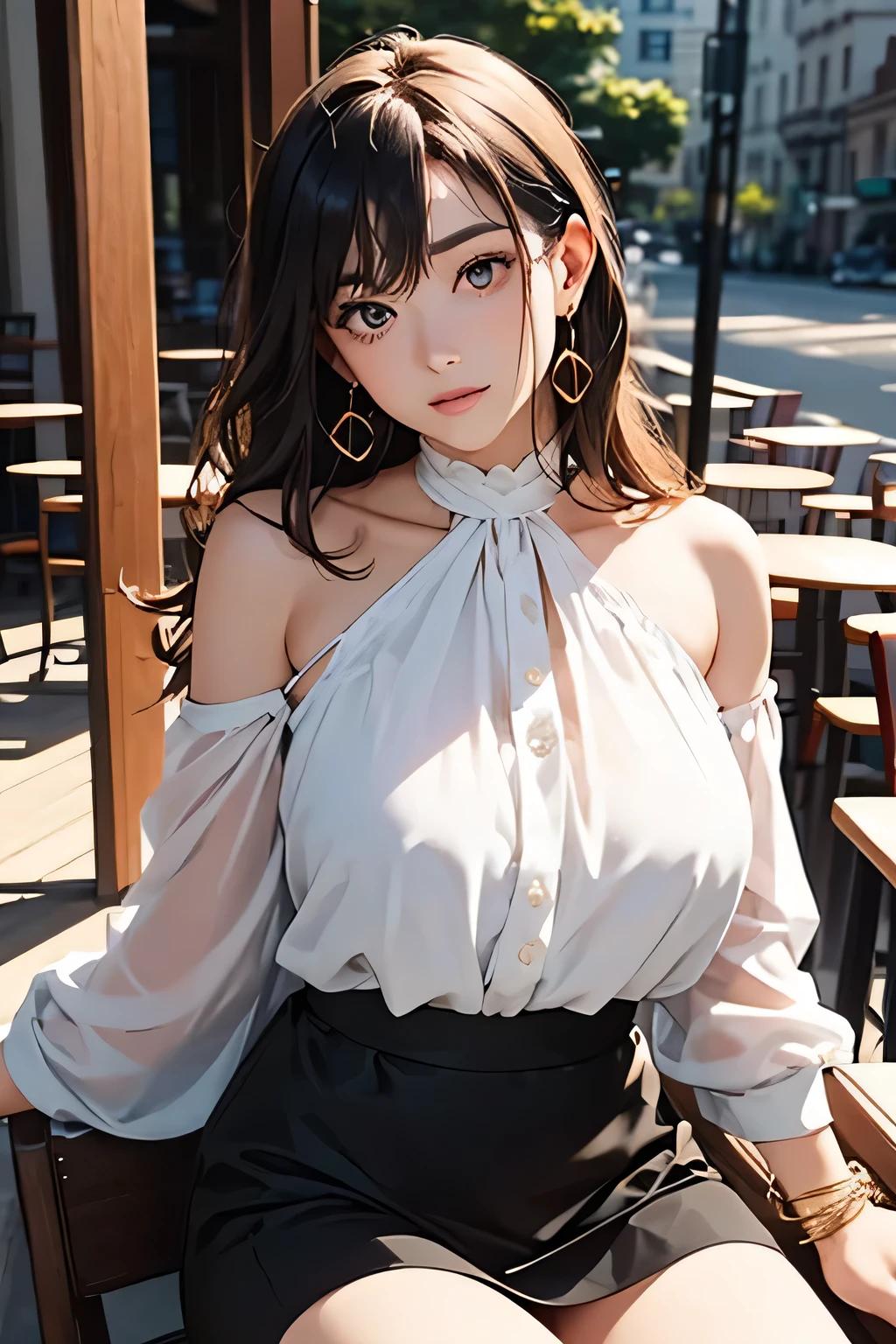 (masterpiece:1.3), (8k, Photorealistic, Raw photo, Best image quality: 1.4), (Random Hairstyles:1.2)、Cleavage:1.2、Super detailed face、Attention to detail、double eyelid、Put your chest together、Sharp focus:1.2、Beautiful woman:1.4、Light brown hair、highest quality、masterpiece、超A high resolution、(Photorealistic:1.4)、Highly detailed and professionally lit smile、(Loose:1.2), lightweight knitwear、off Shoulder knitwear、thin、Serious expression、Deadly position、detailed knit,(huge breasts:1.3),erect nipples:1.2,high waist skirt,