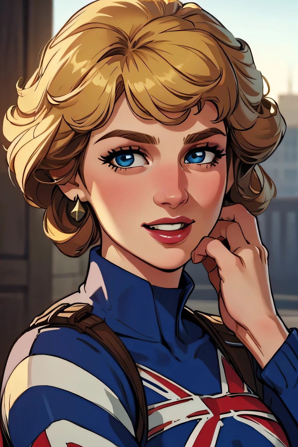 (masterpiece:1.3), (8K, Realistic, RAW Photos, Highest quality: 1.4), (One Girl), Beautiful Face, (Realistic Face), Beautiful Hairstyles, Realistic eyes, Beautiful details, (Realistic Skin), Beautiful Skin, Absurd, charm, Ultra-high resolution, Ultra-realistic, Very detailed, Golden Ratio, (Best Shadow), Cinematic, (Complex:1.4), High Contrast, Side lighting, ((Princess Diana)), (laughing), ((Accurate hands and fingers)), ((captain Britain)), Caucasian female, (Blonde Hair, short hair:1.3), (she have UnionJack costume), (UnionJack round shieldを構える), BREAK ((全身を写す))