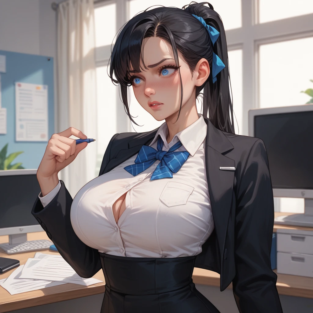 Best quality, 1woman, very curvy, pretty, large breasts, huge ass, stoic, long straight ponytail black hair with fringe, icy blue eyes, office uniform, white button up, straight pants, black blazer, full lips, seductive, mature