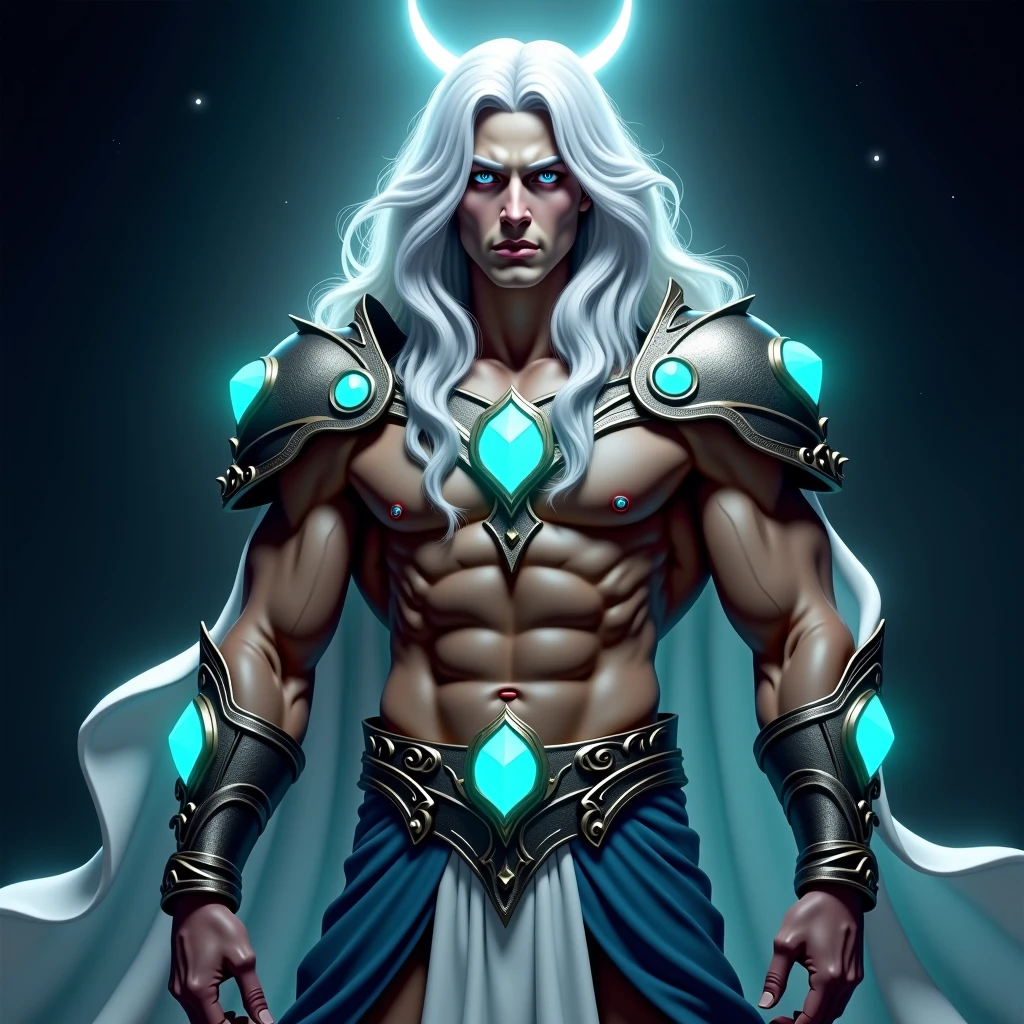 Aether, the Primordial God of Greek mythology, stands majestically in the firmament, his ethereal and luminous body flowing in celestial forms, an amalgamation of energy and matter. His chest radiates a golden light, revealing the very essence of the cosmos. His skin glows with a soft silver glow, as if woven from stars. His eyes, deep and sparkling, reflect the vastness of the universe, his gaze transcends the boundaries of time. Lips barely outlined in a wise smile. His hair flows in ethereal waves of intense blue, like the rivers of space, framing a face of divine serenity. He wears a robe woven of nebulae, which wraps around his ever-changing figure. In his hands he holds a scepter of light, symbol of his dominion over the heavenly realms. Around him, the vastness of the cosmos unfolds in a symphony of stars and planets, creating an epic and transcendental setting that exalts his primordial divinity. cinematic, ethereal world, Ultra-HD, HDR10, 8K,  octane, intricate details