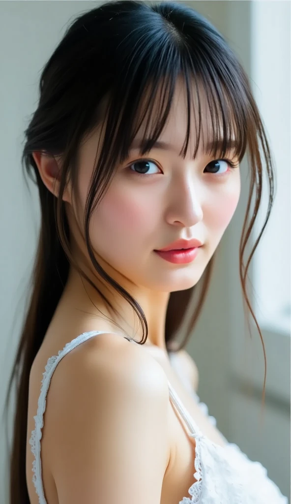 highest quality, Realistic, 8K, High resolution, 1 Girl, woman, (Skin dents), (Portraiture:0.6), nice, ((White Background, Completely naked, Small breasts:1.65)), (Brown hair in a ponytail, Parted bangs:1.4), Watching the audience, (1 Girl eyes Watching the audience:1.6), Realistic, (Bokeh), (Closed Mouth, smile:1.3), nice, Purelos Face_V1:1,Completely naked、