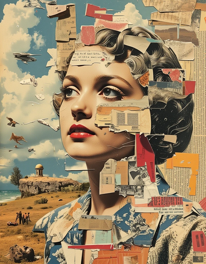 A vintage collage art piece, inspired by the surrealist movement, featuring cut-outs from old magazines and newspapers. The collage depicts a fragmented portrait of a woman, her face composed of various magazine clippings, juxtaposed with a fragmented portrait of a man, his body composed of newspaper headlines and text. The background is a dreamlike landscape, with floating objects and distorted perspectives. The color palette is muted and sepia-toned, creating a nostalgic and melancholic atmosphere. The collage is assembled with a sense of randomness and spontaneity, showcasing the unexpected juxtapositions and surreal