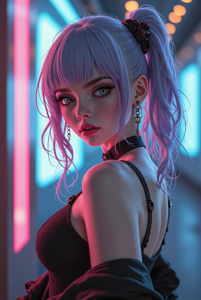 (best quality, photo-realistic:1.37), vive colors, full body,1girl,light purple hair,wearing elegant lingerie soft lighting, bokeh, flowing motion, dreamy atmosphere, modern train interior, window reflections, stylish pose, elegant posture, relaxed expression, subtle smile, peaceful ambiance, urban setting, night scene, neon lights, fashionable accessories, comfortable seating, gentle curves, smooth texture, luxurious materials, glossy finish, vibrant hues, alluring beauty, confident aura, contemporary artwork, graceful presence, captivating charm.