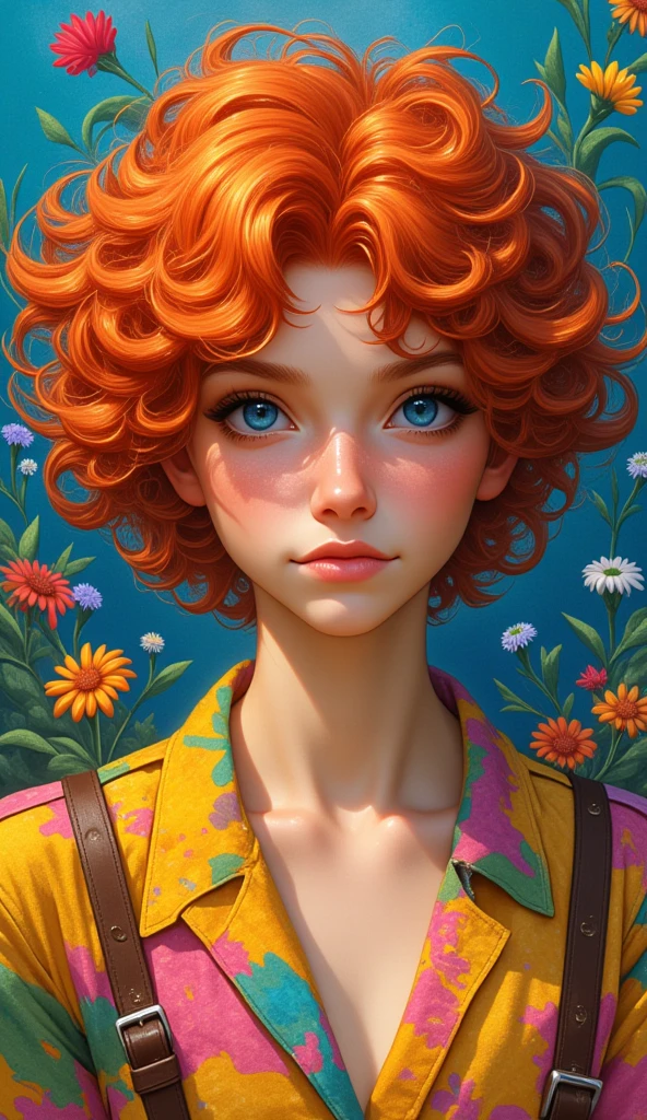 Natália Aenstein: 36 anos, curly red hair, olhos azuis, pele clara,  artistic, colorful clothes.