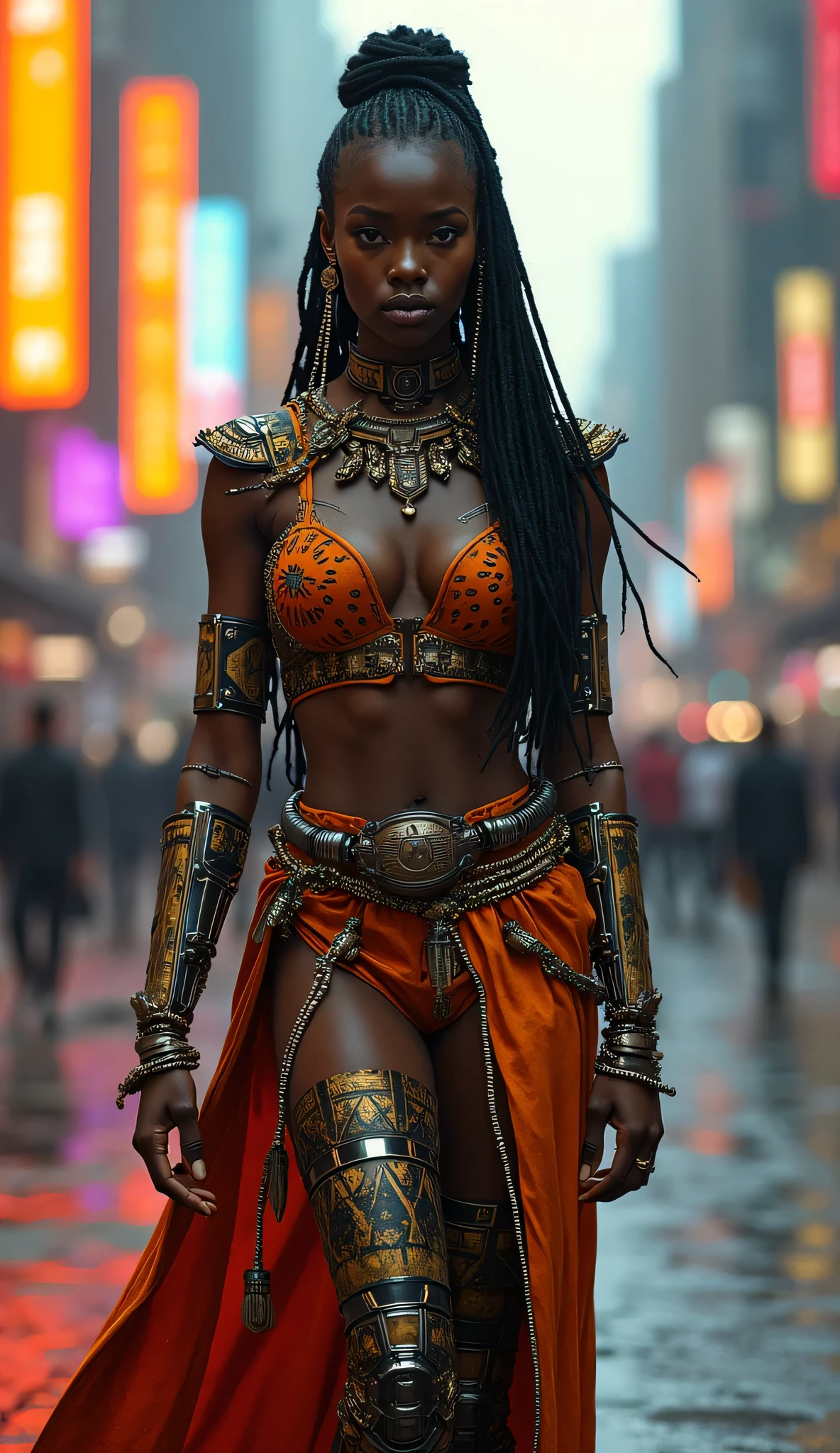 Suhura in a futuristic reinterpretation, her armor blending traditional African designs with advanced, metallic materials. Her attire is bold and sleek, combining ancient African patterns with high-tech functionality. She strides through a futuristic African cityscape, her body augmented with subtle cybernetic enhancements. Her warrior spirit is as strong as ever, her presence both commanding and beautiful. The neon-lit skyline contrasts with the earthy tones of her armor