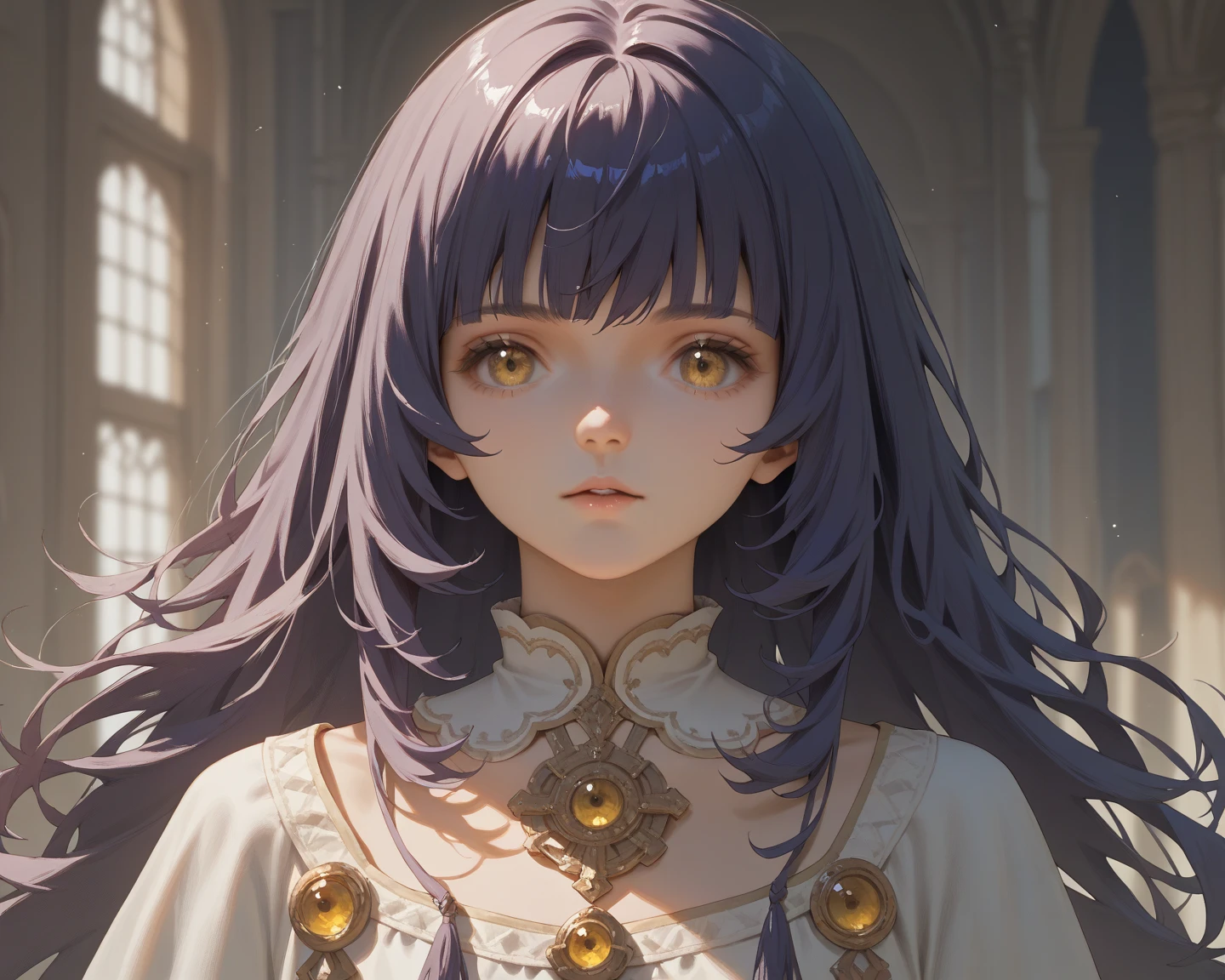 1 menina, Solo, Long hair, High resolution, yellow eyes, Fringe between the eyes, Cabelo azul, 