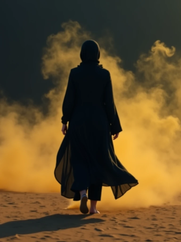 A Muslim dominant woman wearing a hijab, She has black leather boots on her feet. Only the woman's eyes are visible. Anklet on woman's ankle, There is a key in the anklet. There are naked black male slaves kneeling in front of the woman. In the sky : Mistress Salome" writes.