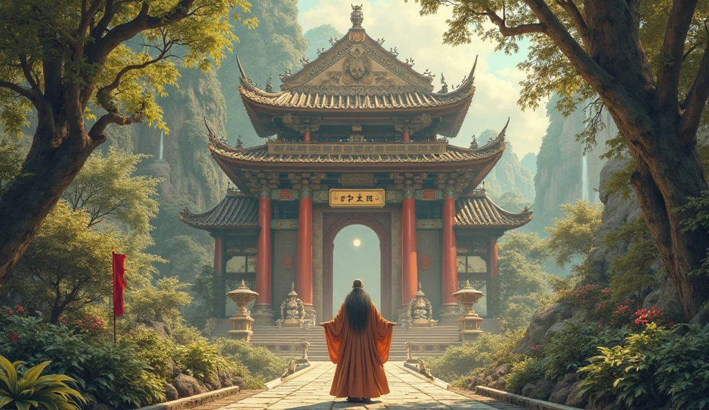 The wise man speaks with a calm expression,  temple  ,  rich nature
