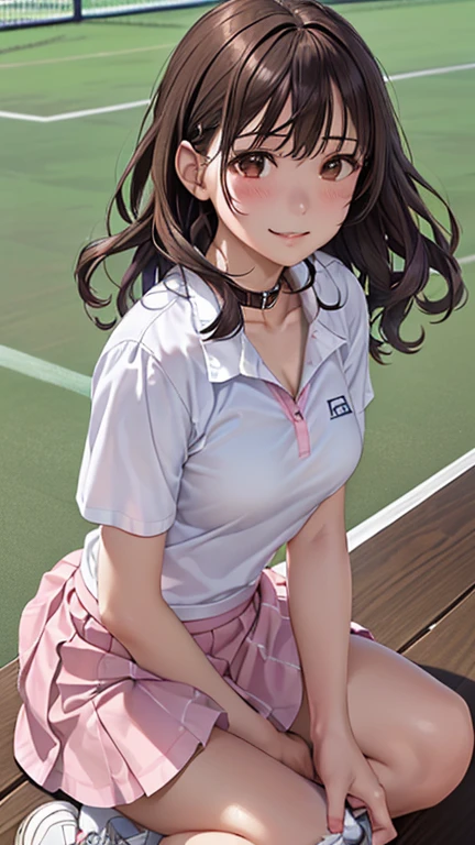 ((table top, highest quality, High resolution, perfect pixel, 4k,)), 1 girl, single, alone, Beautiful woman、I could see the whole body、 ((short wavy hair, bangs, brown hair)), ((brown eyes, beautiful eyelashes, realistic eyes)), ((detailed face, blush:1.2)), ((smooth texture:0.75, realistic texture:0.65, realistic:1.1, Anime CG style)), medium breasts, dynamic angle, perfect body, ((white tennis wear、White short-sleeved shirt with collar、light yellow frilled skirt、white tennis shoes、The wind flips my skirt、pink lace panties、))、Tennis court、Floral Lace Bra、Very embarrassing panic smile、、、Cover your chest with both hands, your chest is wet、