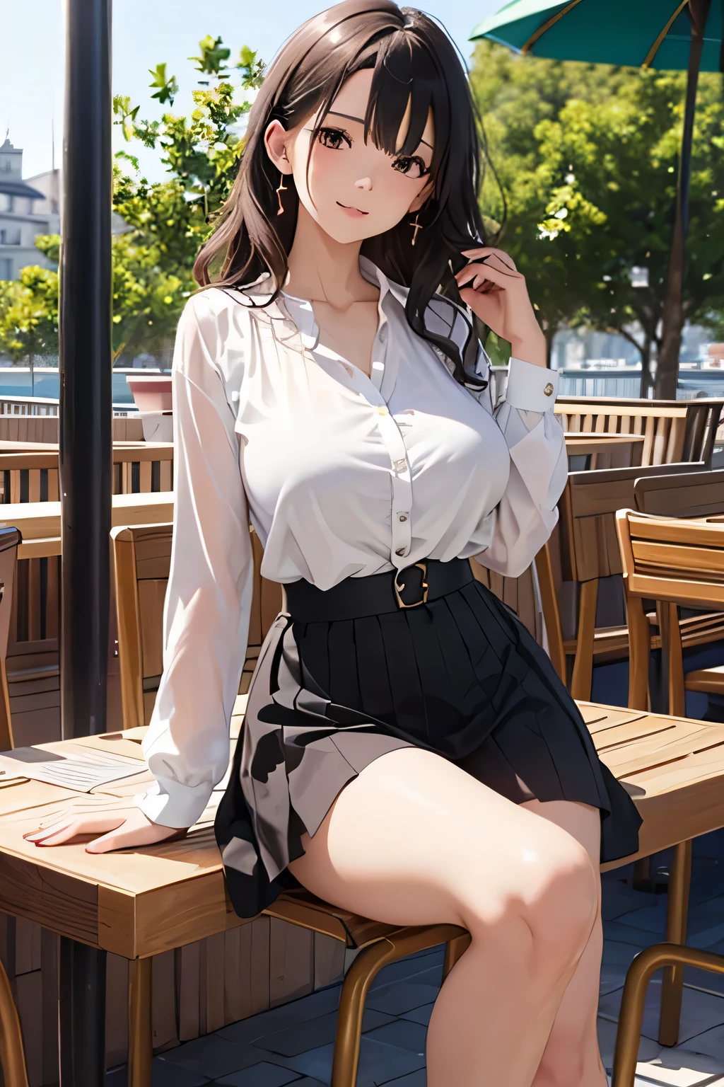 Masterpiece, highest quality, high resolution, extreme detail, 1 woman, 30 year old female pulling on her clothers, dark skin, large breasts, dark lips, eye liner, blushing cheeks, long black hair in a very large pony tail, white blouse, (unbuttoned), cardigan, (unduttoned), lace bra, blue gingham skirt, white thigh high stockings, suspenders, glasses, seductive look, looking at camera, camera shot from above, 3/4 long shot, cowboy shot, greenhouse, flowers, next to large windows, fashion model pose, dynamic pose, sexy pose, seductive pose
