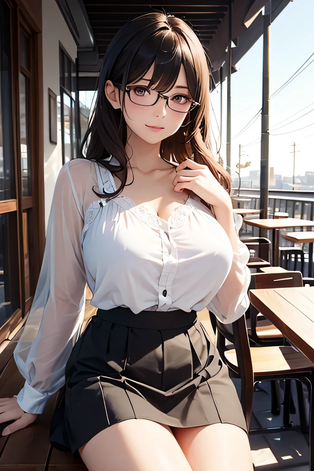 NSFW, (Official art、Best Quality、Unity 8k Wallpapers、32K、masterpiece、ultra-detailliert、超A high resolution、realisitic、Photorealsitic:1.2)、(natural soft light:1.2)、Fireglow effect、film grains、Best Shadows、side lights、sideshot、(Ultra-detailed and complex 3D rendering)、Detailed beautiful face and eyes、Sharp pupils、Realistic pupiliddlebreasts、Smile、high-heels、Woman in skirt and shirt sitting on desk, Office Clothes, on desk, Sit on a desk, Sitting on a desk,bent at the knees、Opening legs、open one's legs、pantie shot、 wearing business casual dress, A sexy、business clothes, In the office, wearing a suit and glasses, Fully dressed, business outfit, embarrassed from, A slight smil、Business attire、cleavage of the breast、A sexy、