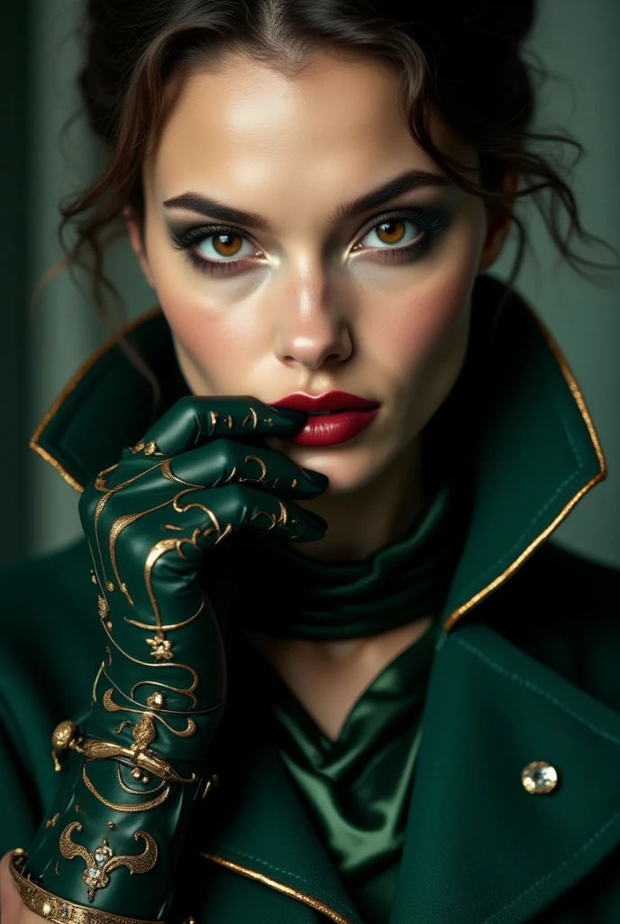 Award-winning close-up portrait for a luxury editorial. A striking woman with fierce yet enigmatic allure dominates the frame. Her piercing gaze meets the lens, lips parted in a faint, knowing smile, blood-red gloss catching the light. She wears an oversized emerald cashmere coat with sculptural collar framing her jawline; hidden corset ties cinch the waist, hinting at curves beneath. A gold silk scarf drapes loosely around her neck, cascading into the coat’s voluminous folds. One hand, adorned with a diamond cuff, rests near her chin, nails lacquered in matte black; the other, clad in a sleek leather glove, grips the coat’s lapel. Soft, diffused halo lighting sculpts her cheekbones and dewy complexion, while backlighting etches a golden rim around her silhouette. Loose tendrils of hair escape her slicked-back bun, grazing taupe-smoked eyelids. Shot on Hasselblad H6D-400c with Zeiss 110mm f/2 portrait lens, Broncolor Siros strobes. Ultra-detailed RAW file captures cashmere’s texture, scarf’s liquid shimmer, and the sly sensuality in her expression—confident, mysterious, timeless. Mood: Quiet power meets haute couture elegance, evoking Monica Bellucci’s magnetism in a modern, minimalist frame.