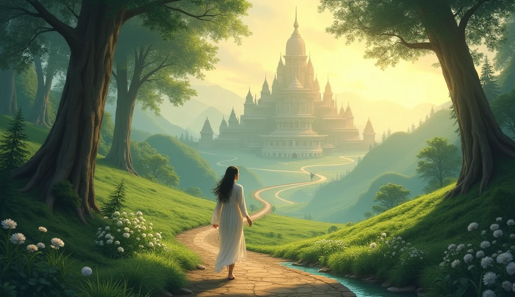 A woman heading to a temple, nature
