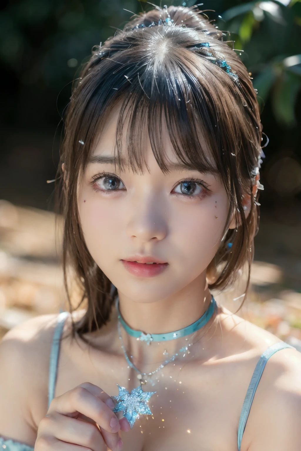 full body up , portrait, portrait, , 8k,masterpiece, top quality, 、Long face、Big Eyes、 troubled face、 slim、in trouble、、facing the front、flat body 、cute、Age 15、, 1 girl、looking at the camera、face to face、pure white hair、Glowing Skin、((( GLITTER SKIN )))、、((super realistic details))、portrait、Global Illuminations、shadow、octane rendering、、、metal、 cold color、、very intricate details、Realistic Light、CGSoation Trend Beautiful Eyes 、eyes shining at the camera、drop shadow、、Sparkling Turquoise Eyes 、((Snowflakes))、、white background、Chain Choker