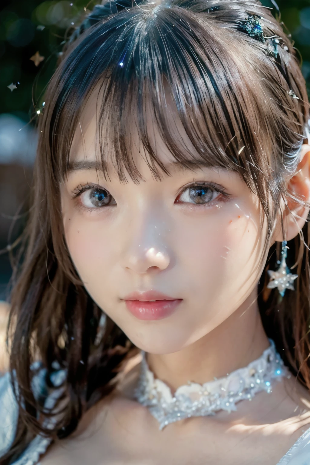 full body up , portrait, portrait, , 8k,masterpiece, top quality, 、Long face、Big Eyes、 troubled face、 slim、in trouble、、facing the front、flat body 、cute、Age 15、, 1 girl、looking at the camera、face to face、pure white hair、Glowing Skin、((( GLITTER SKIN )))、、((super realistic details))、portrait、Global Illuminations、shadow、octane rendering、、、metal、 cold color、、very intricate details、Realistic Light、CGSoation Trend Beautiful Eyes 、Eyes Shining at the Camera、drop shadow、、Sparkling Turquoise Eyes 、((Snowflakes))、、white background、Chain Choker