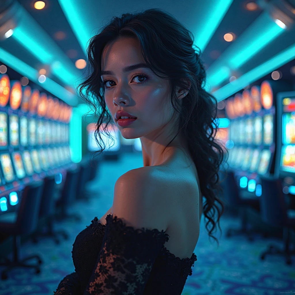 create a picture of a beautiful woman against a casino background, slot blue color
