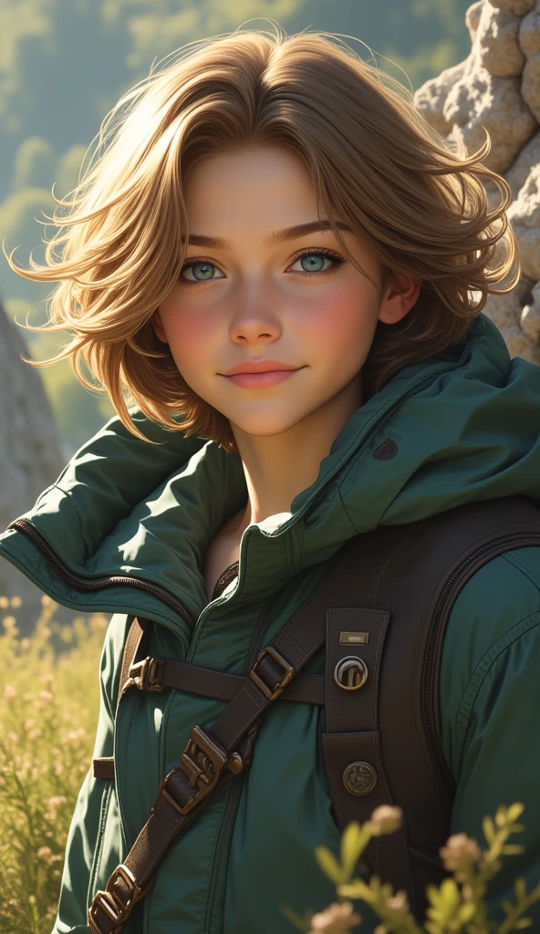 Everest Aenstein:   , light brown hair, olhos azuis, pele clara, casual, energetic.