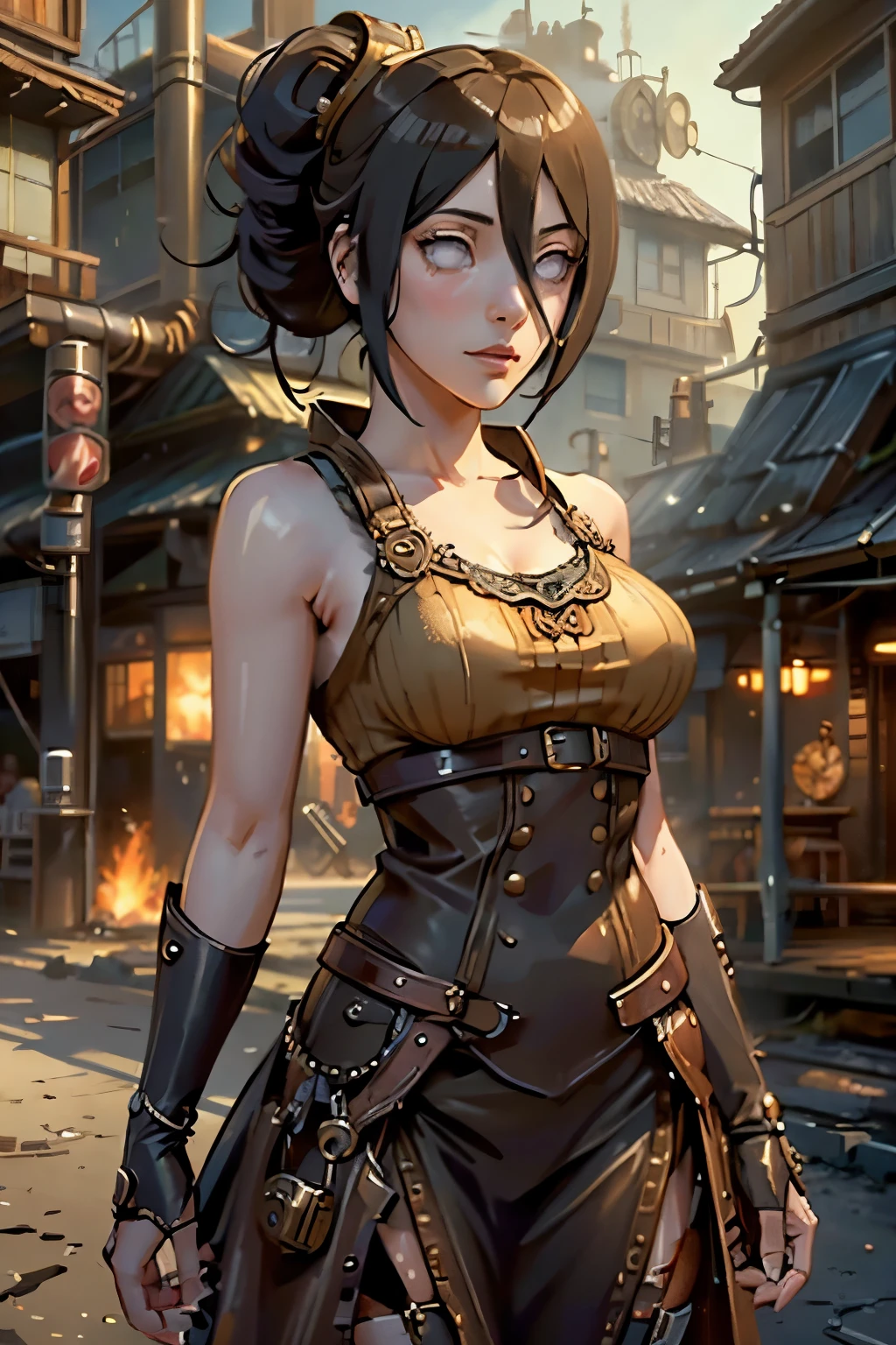 Art anime style, view from front, the most gorgeous and bewitching perfect athletic greek female in non undeclothes and roman jewelry, midriff, charming pose, looking at viewer with bewitching gentle smile, confident, fierce, amazing features,tattoed arm, perfect young athletic and fit feminine body, dramatic contrast, Rembrandt lighting, long brown hair, tattoed right arm --auto --s2