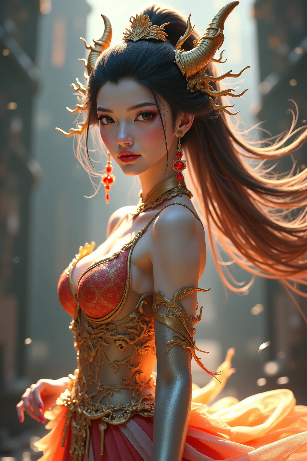 Detailed and lifelike,High Definition 4K Ultra HD Image,Professional Digital Art,Sci-Fi Masterpiece,Chinese Dragon Princess,Exquisite Cheeks ,preauricular hair,floating hair,Gorgeous Headpiece,Abundant Curves,Perfect Body Size,Striped Design,Silver Tights,Flowing Skirt,Highly Realistic,Rich in layers,natural light,Dynamic Ambience,Professional color