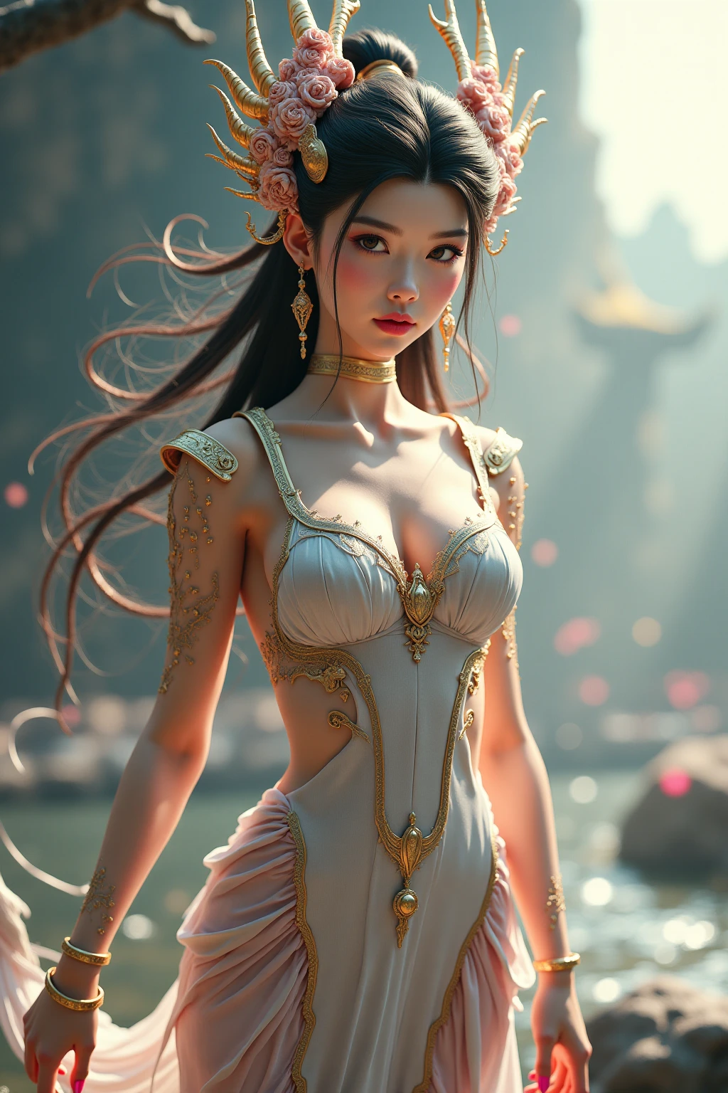 Detailed and lifelike,High Definition 4K Ultra HD Image,Professional Digital Art,Sci-Fi Masterpiece,Chinese Dragon Princess,Exquisite Cheeks ,preauricular hair,floating hair,Gorgeous Headpiece,Abundant Curves,Perfect Body Size,Striped Design,Silver Tights,Flowing Skirt,Highly Realistic,Rich in layers,natural light,Dynamic Ambience,Professional color