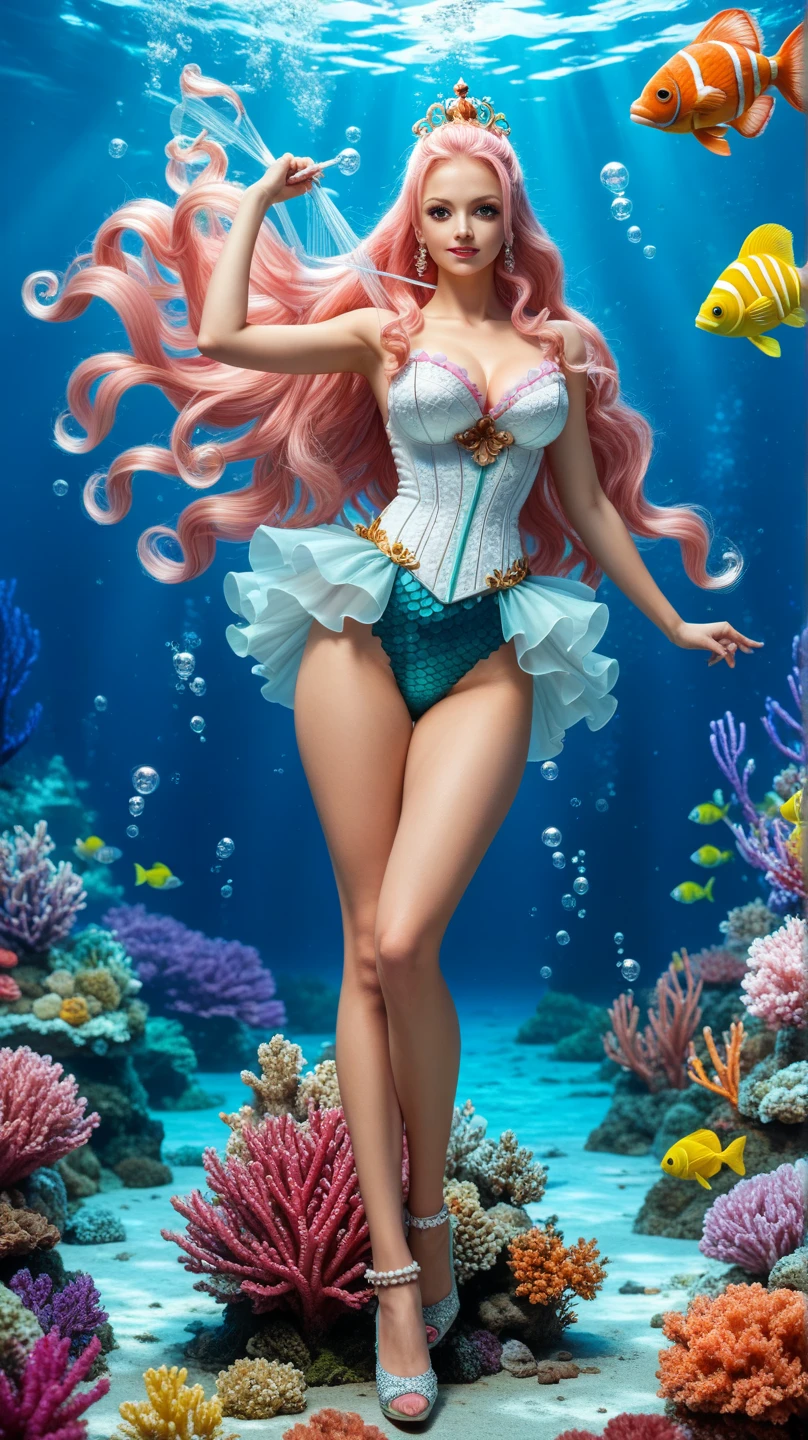 ((absurdres)) ((perfect whole body)), ((ultra photorealistic)), Top quality, ((Photorealistic)), ((16k UHD)), High Definition, Unity 8K wallpaper, high res, ultra sharp, ((masterpiece)), best quality, ((intricate details)), (((detailed eyes))), (((perfect face))) (((detailed face))), masterpiece, highly detailed exquisite character art, melancholy lighting, (((perfectly detailed anatomy))) (((cinematic light))), ultra-realistic, (((asian))) short bob Ombre turquoise hair, translucent legs, dramatic pumps, mature, beautiful, elegant, (((light pink skin))) (((pink skintone))) daughter of a mermaid, tie-dye mesh long sleeve crop top, teal holographic pencil skirt, aquatic, sea shell earrings, starfish necklace, teal lipstick, blue eyeshadow, item, at the ocean,xy pose,detailed face, detailed eyes, detailed hands, elf woman,wet, mil all over her, full body