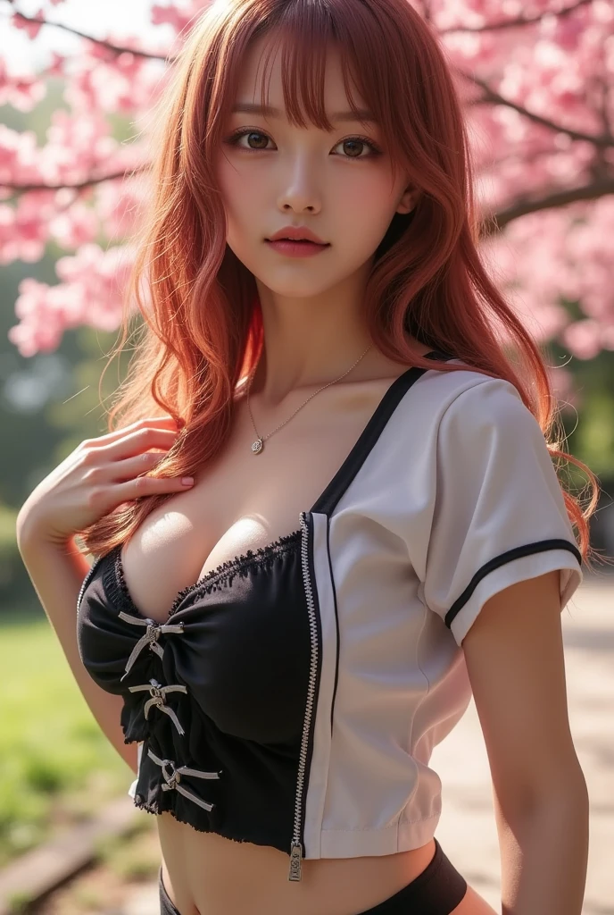 (Pretty Asian girl, idol, extremely detailed CG, 8K High Quality, Depth of field, Cinematic Light, Lens Flare, Ray tracing, beautiful lips, lots of cute soft freckles, beautiful eyes, intricate detail face, ultra detailed skin, 1girl, in the dark, deep shadow, front shot, face forward, big eyes, brown eyes, random position, pale skin, flashy orange hair, flashy rainbow colored bangs, orange eyebrows, she's chubby, very small perky breasts, detailed cleavage, looking at viewer, naughty smile, tattoos, wear low waist white tartan skirt, tight top that matches skirt, wide gap between thighs:1.6, (full figure:0.9), hips up, wear cat ears headband, earrings, piercings, navel piercing, jewelry, lots bracelets, at the club, she's a dj), (Intense sex appeal of young women), small shoulders, Double Eyelids, bikini tan, large crotch gap, (micro mini skirt:1.2), makeup, cosplay, ((school uniform), (unbuttoned a white (long shirt) revealing red lace bra: 1.3)), (expose red lace thong: 1.1)), breasts pusshing against her bra
An Asian girl, exhibiting idol-like features, emerges from the depths of shadow in an extremely detailed CG Unity 8K wallpaper. Her beautifully sculpted face boasts intricate details, with ultra-detailed skin that appears almost alive