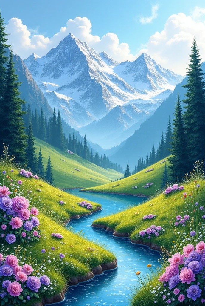 Mountain landscape painting with flower cascades