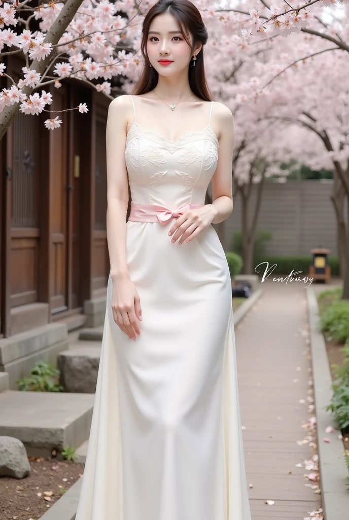 （（（European Caucasian Woman）））、（（（Mary, 18 years old）））、one person、（Thin contours、Grey Eye:1.5）、（Thin contours）、Big Breasts、Narrow waist、（（（White and translucent skin:1.3）））、Beautiful, shiny blonde medium-long hair、8-head-tall model style、White lace dress、Waist-down angle、Tokyo city、smile